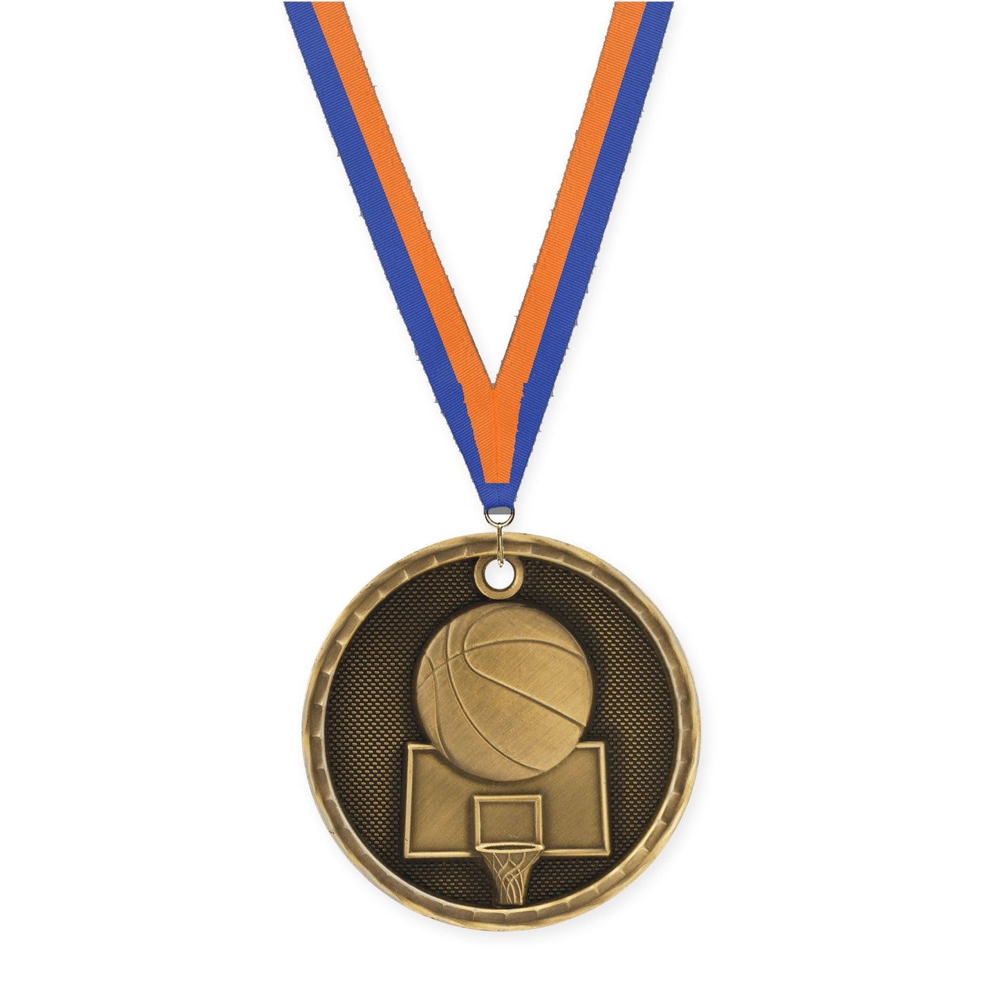 2 inch basketball 3-D medal in antique gold with Blue Orange neck ribbon
