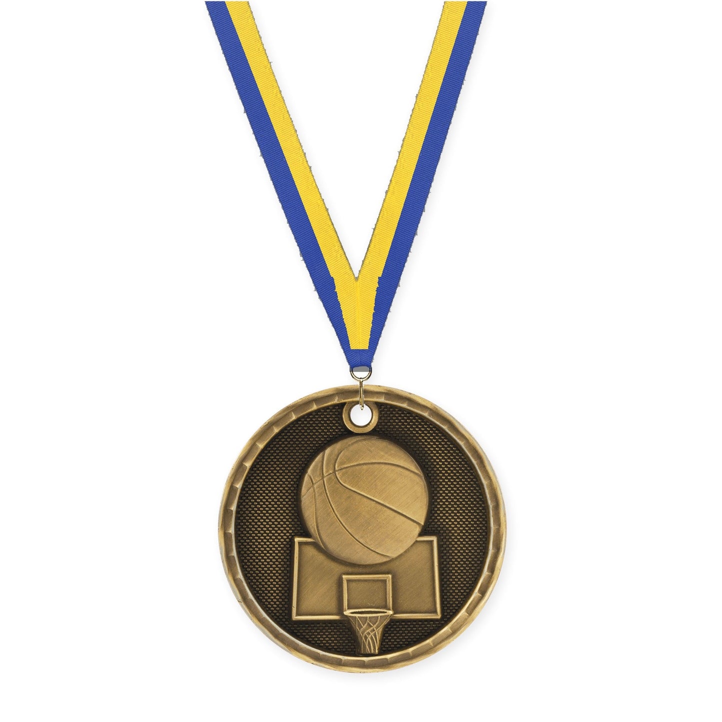 2 inch basketball 3-D medal in antique gold with Blue Yellow neck ribbon