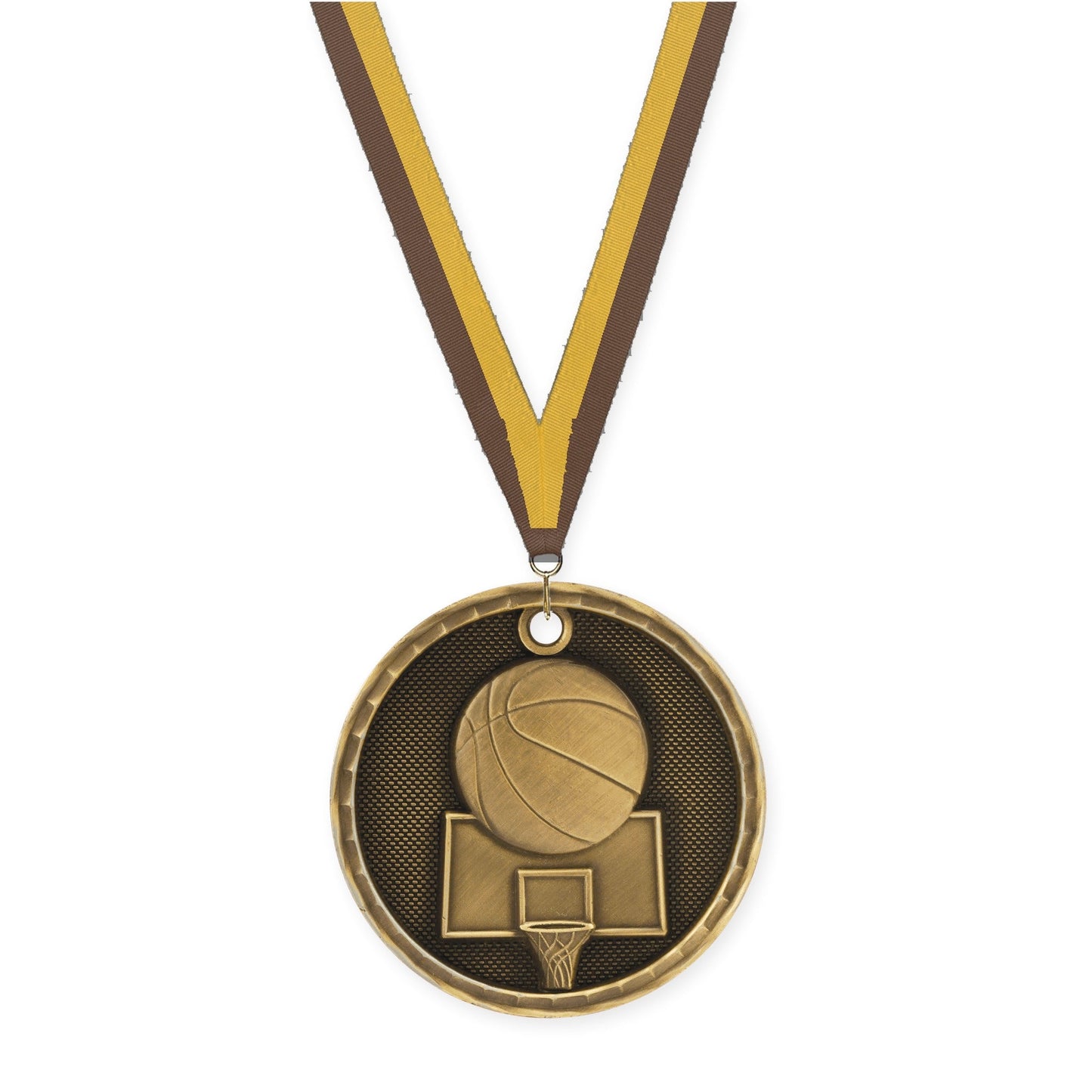 2 inch basketball 3-D medal in antique gold with Brown Gold neck ribbon