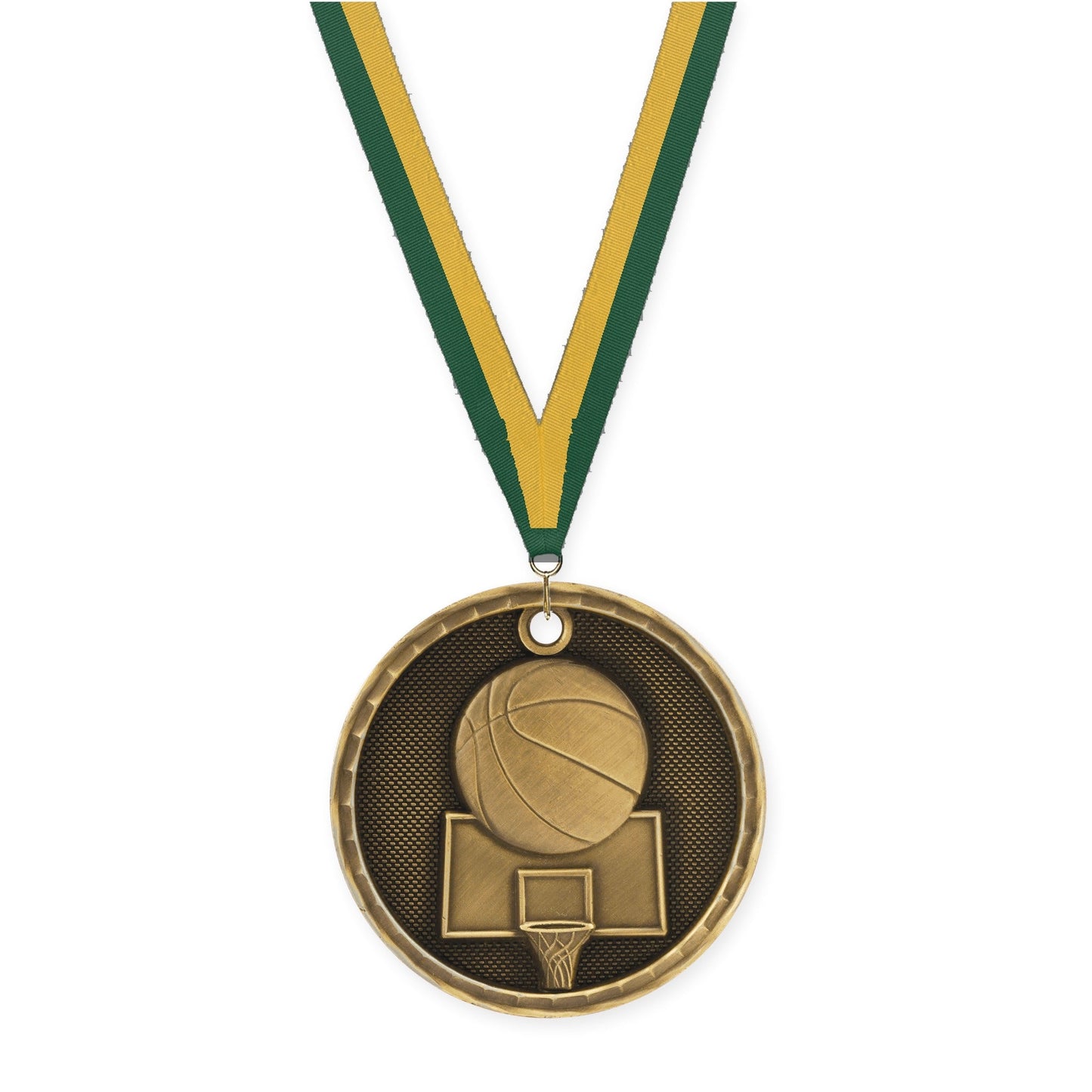 2 inch basketball 3-D medal in antique gold with Hunter Green Gold neck ribbon