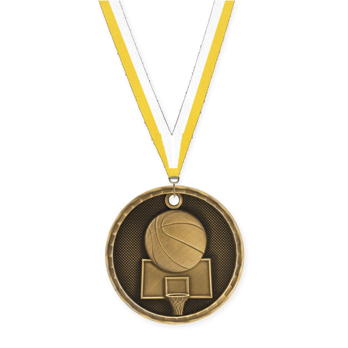 2 inch basketball 3-D medal in antique gold with Yellow White neck ribbon