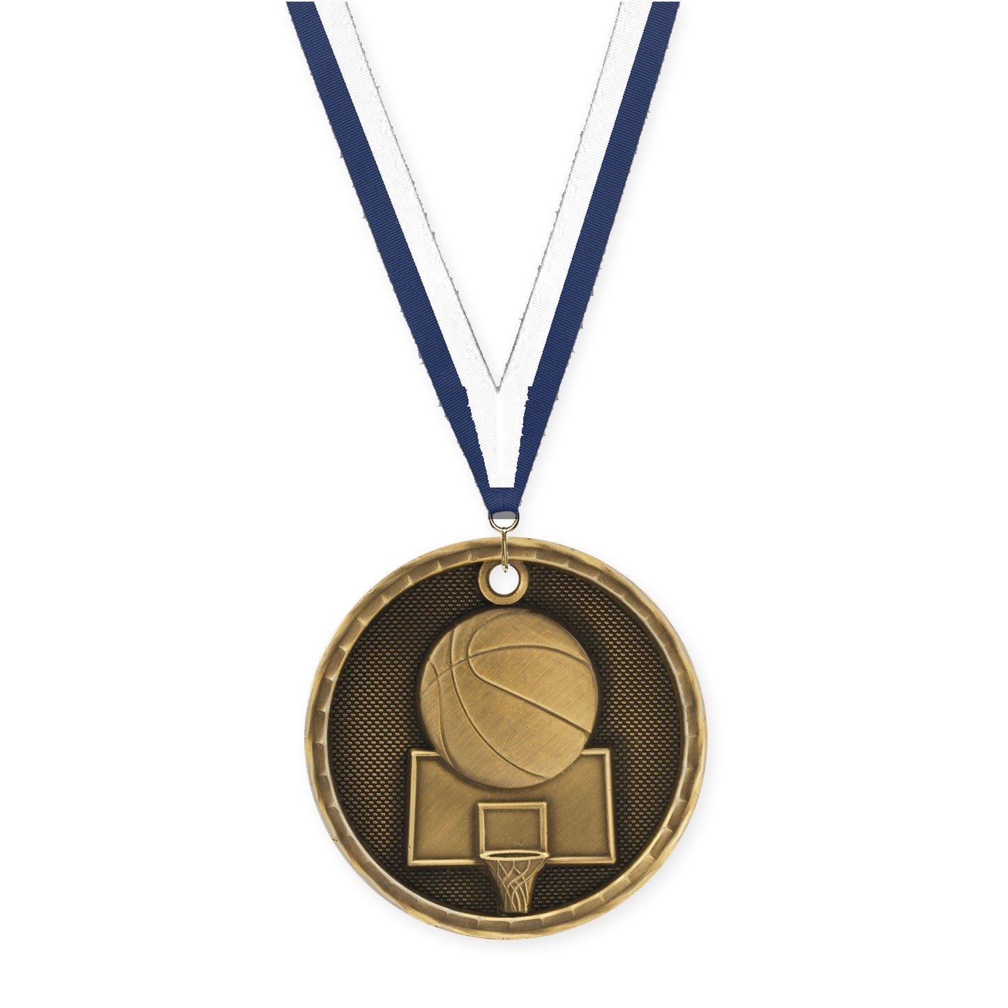 2 inch basketball 3-D medal in antique gold with Navy White neck ribbon