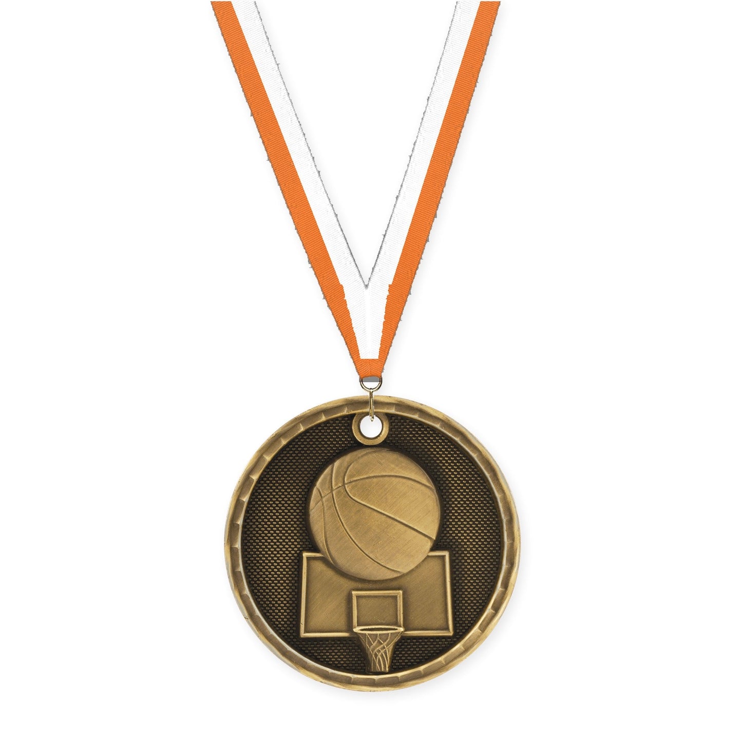 2 inch basketball 3-D medal in antique gold with Orange White neck ribbon