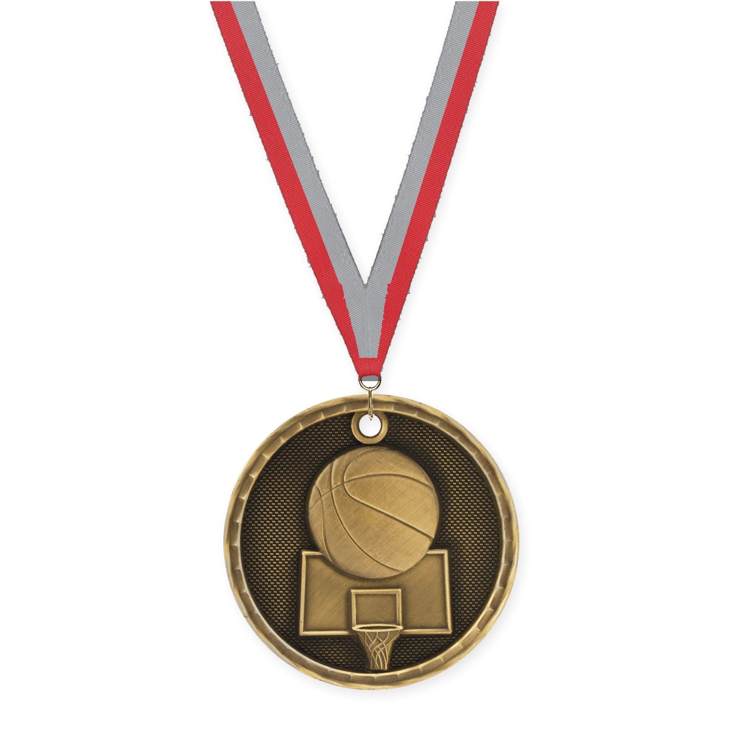 2 inch basketball 3-D medal in antique gold with Red Gray neck ribbon