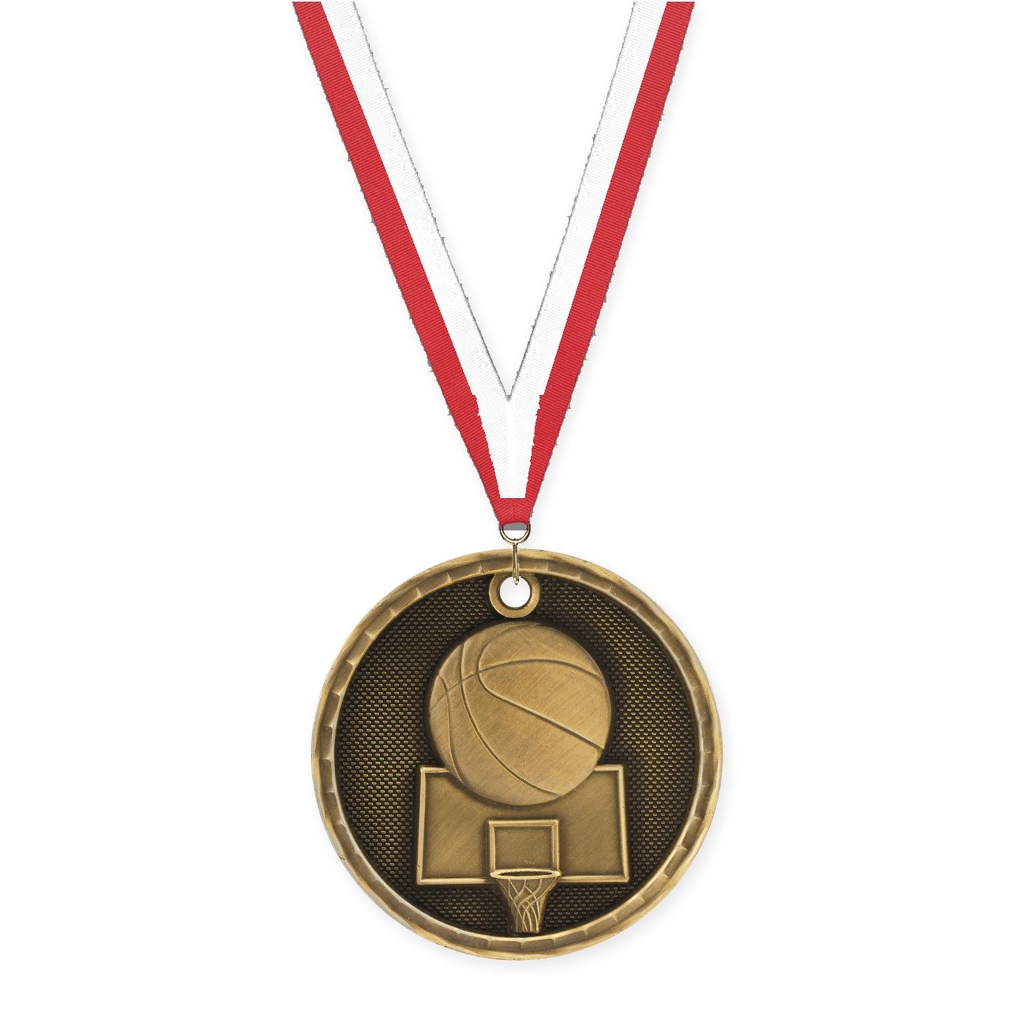 2 inch basketball 3-D medal in antique gold with Red White neck ribbon