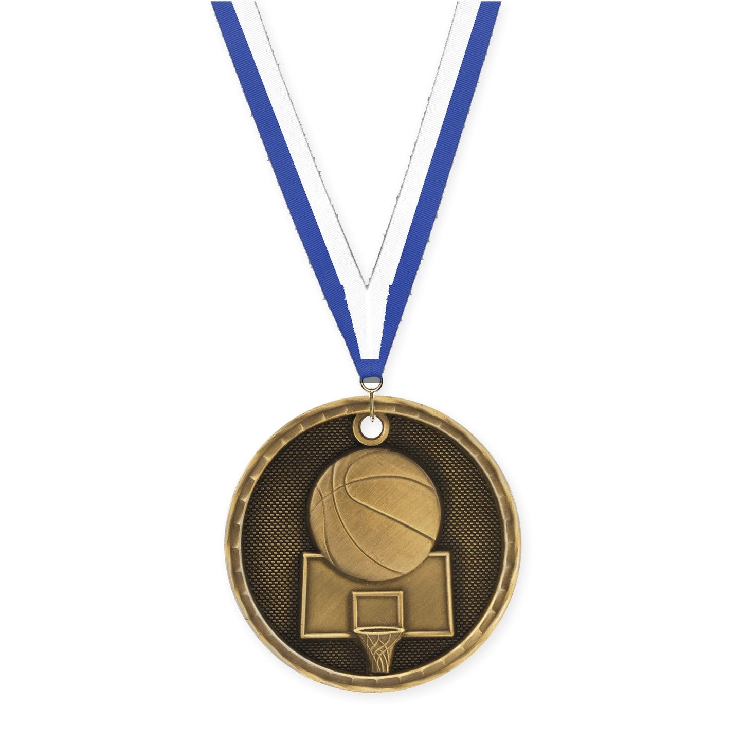 2 inch basketball 3-D medal in antique gold with Blue White neck ribbon