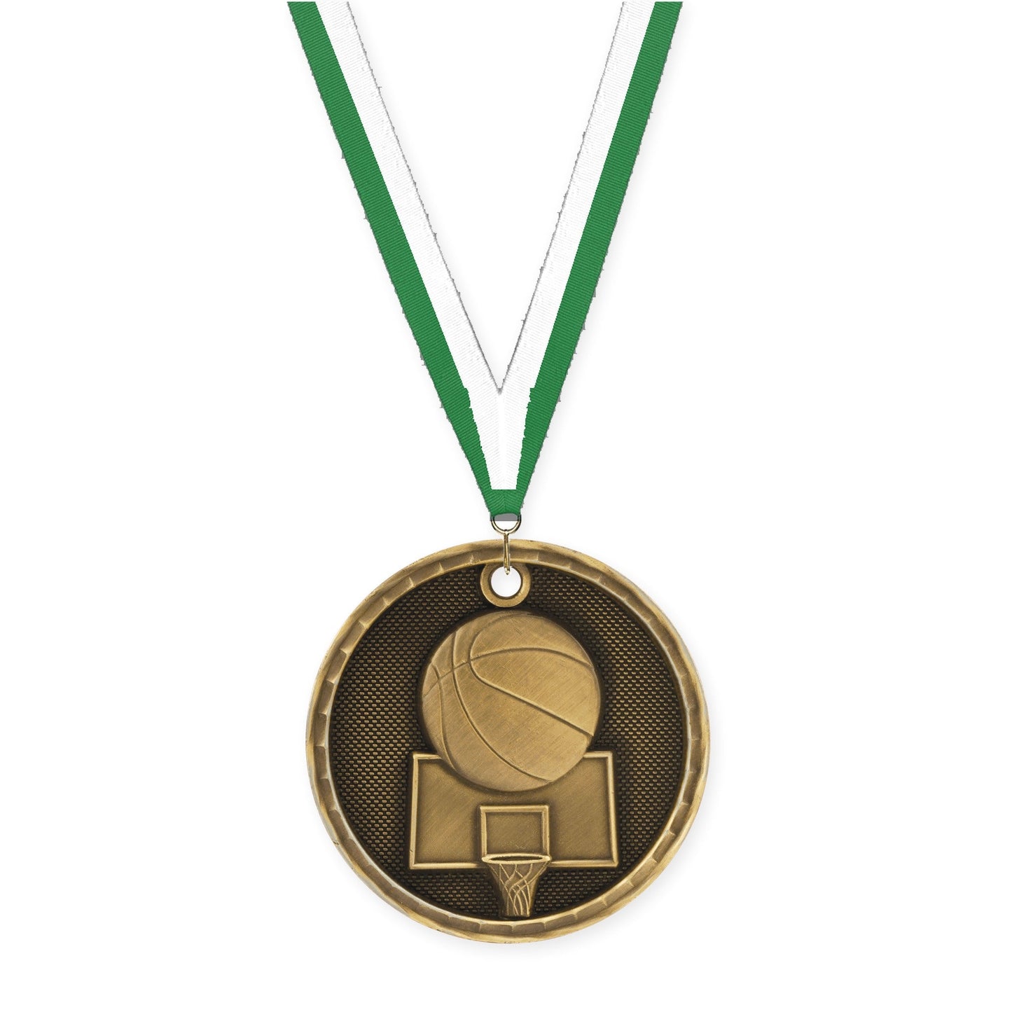 2 inch basketball 3-D medal in antique gold with Green White neck ribbon