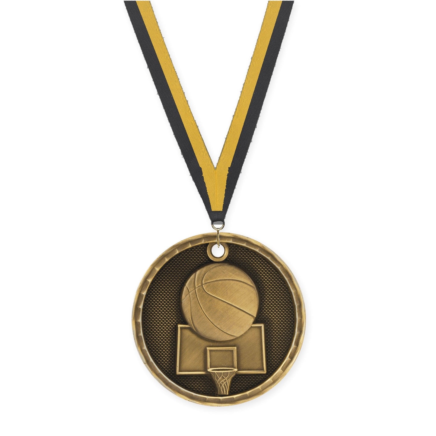 2 inch basketball 3-D medal in antique gold with Black Gold neck ribbon