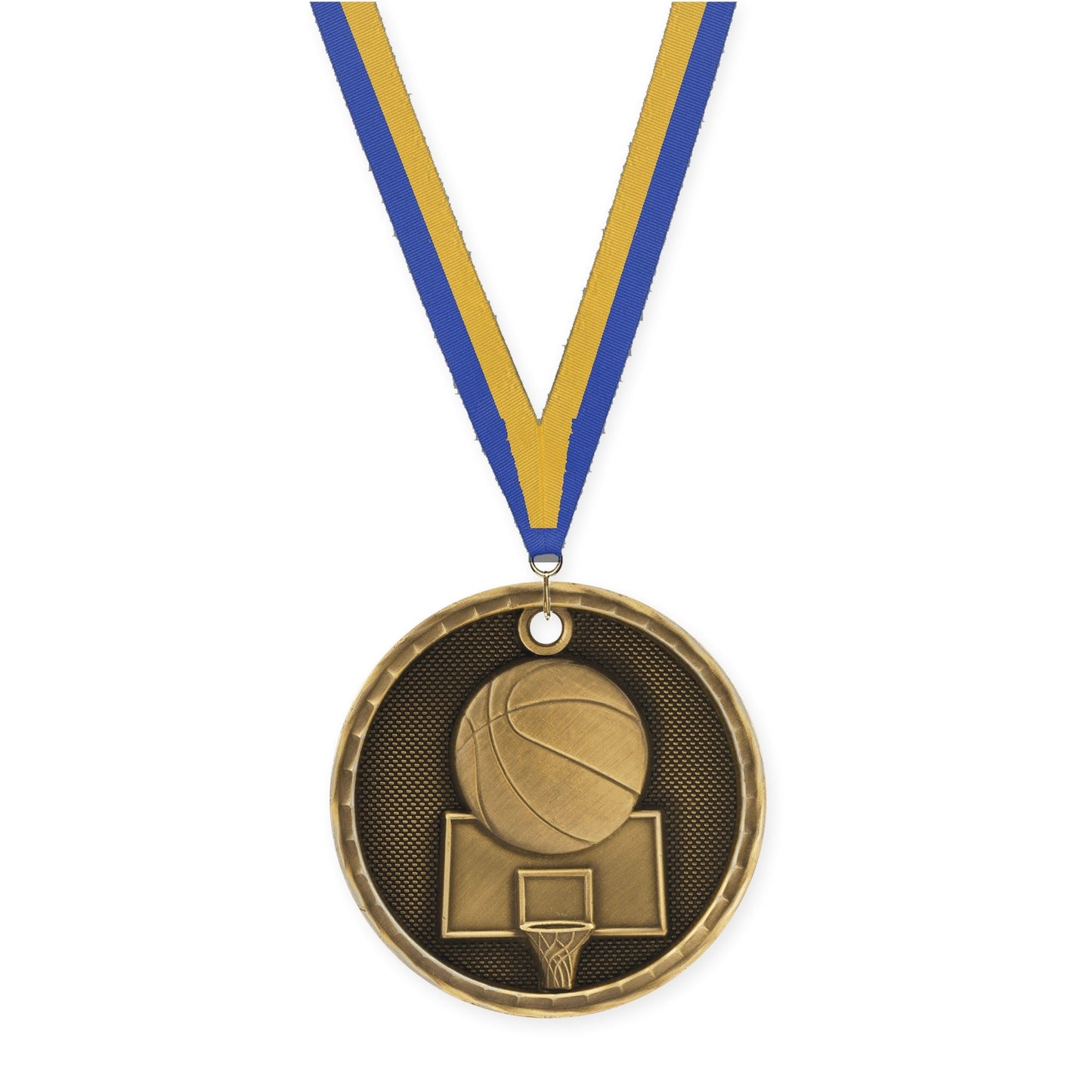 2 inch basketball 3-D medal in antique gold with Blue Gold neck ribbon