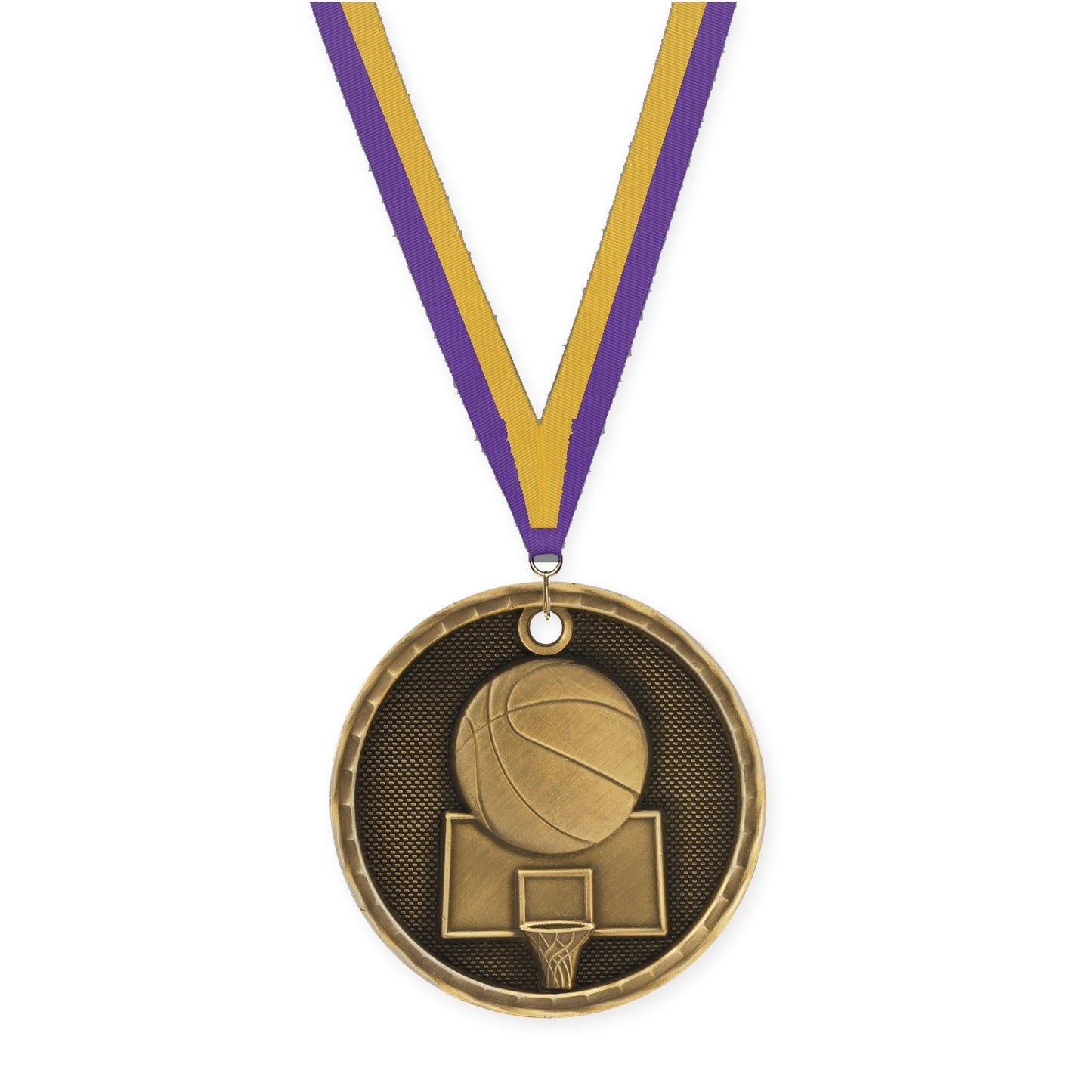2 inch basketball 3-D medal in antique gold with Purple Gold neck ribbon