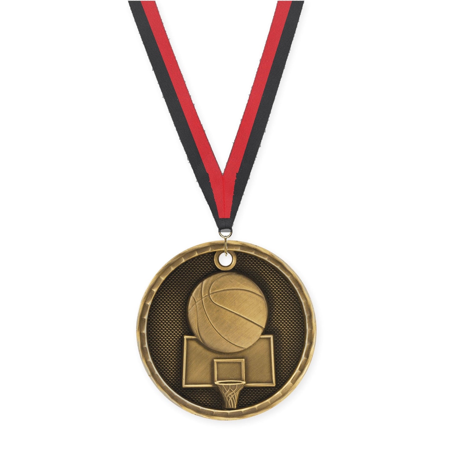 2 inch basketball 3-D medal in antique gold with Black Red neck ribbon