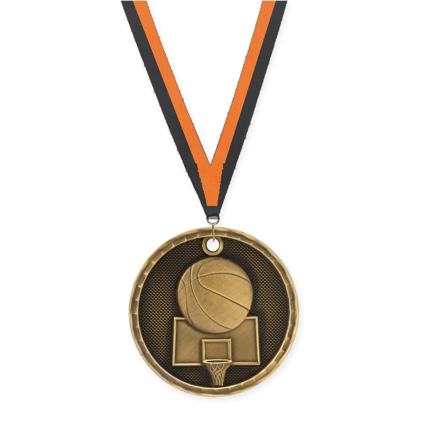2 inch basketball 3-D medal in antique gold with Black Orange neck ribbon