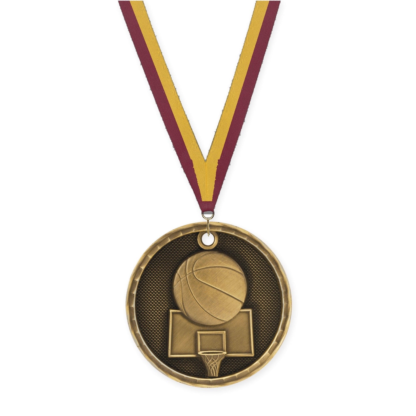 2 inch basketball 3-D medal in antique gold with Maroon Gold neck ribbon