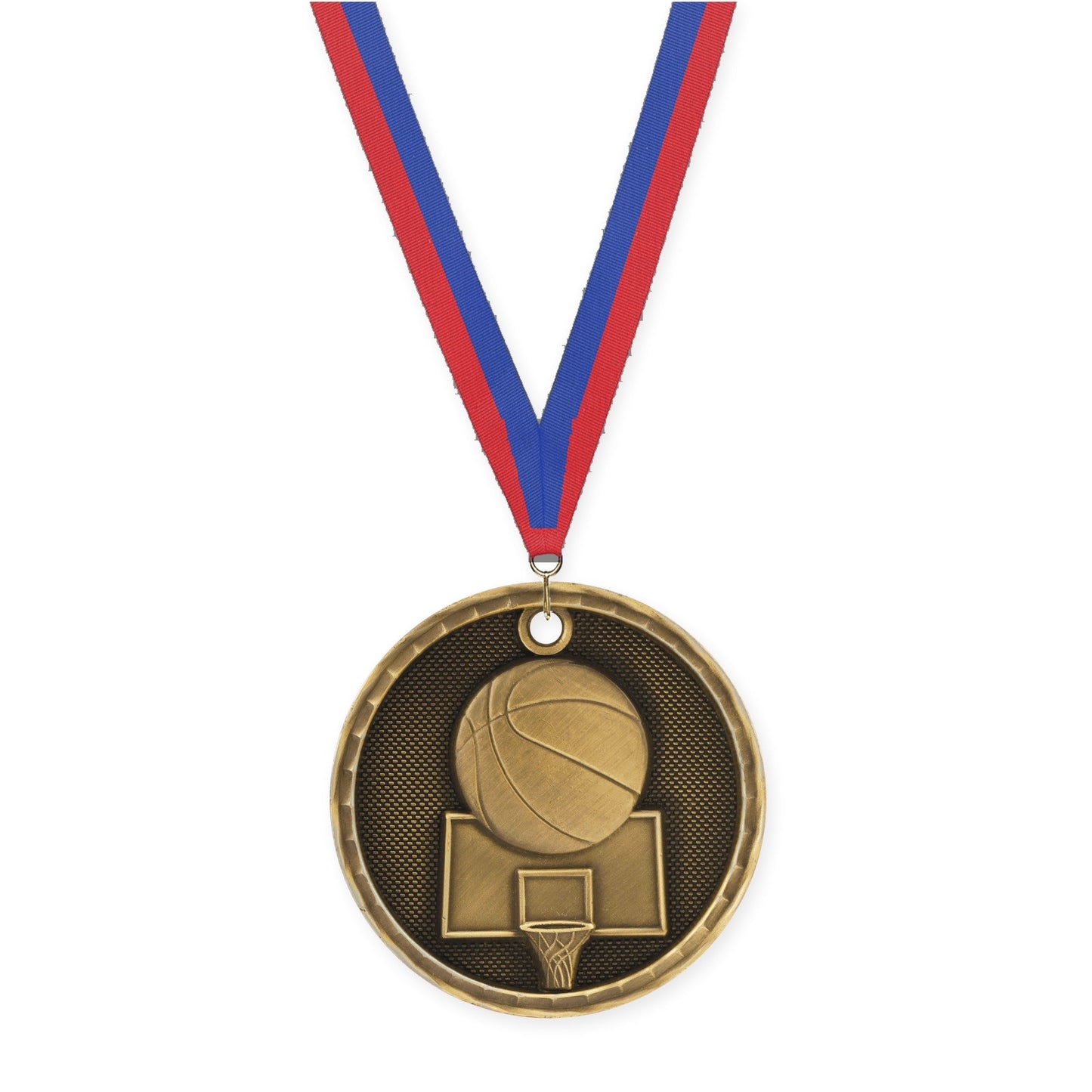 2 inch basketball 3-D medal in antique gold with Blue Red neck ribbon