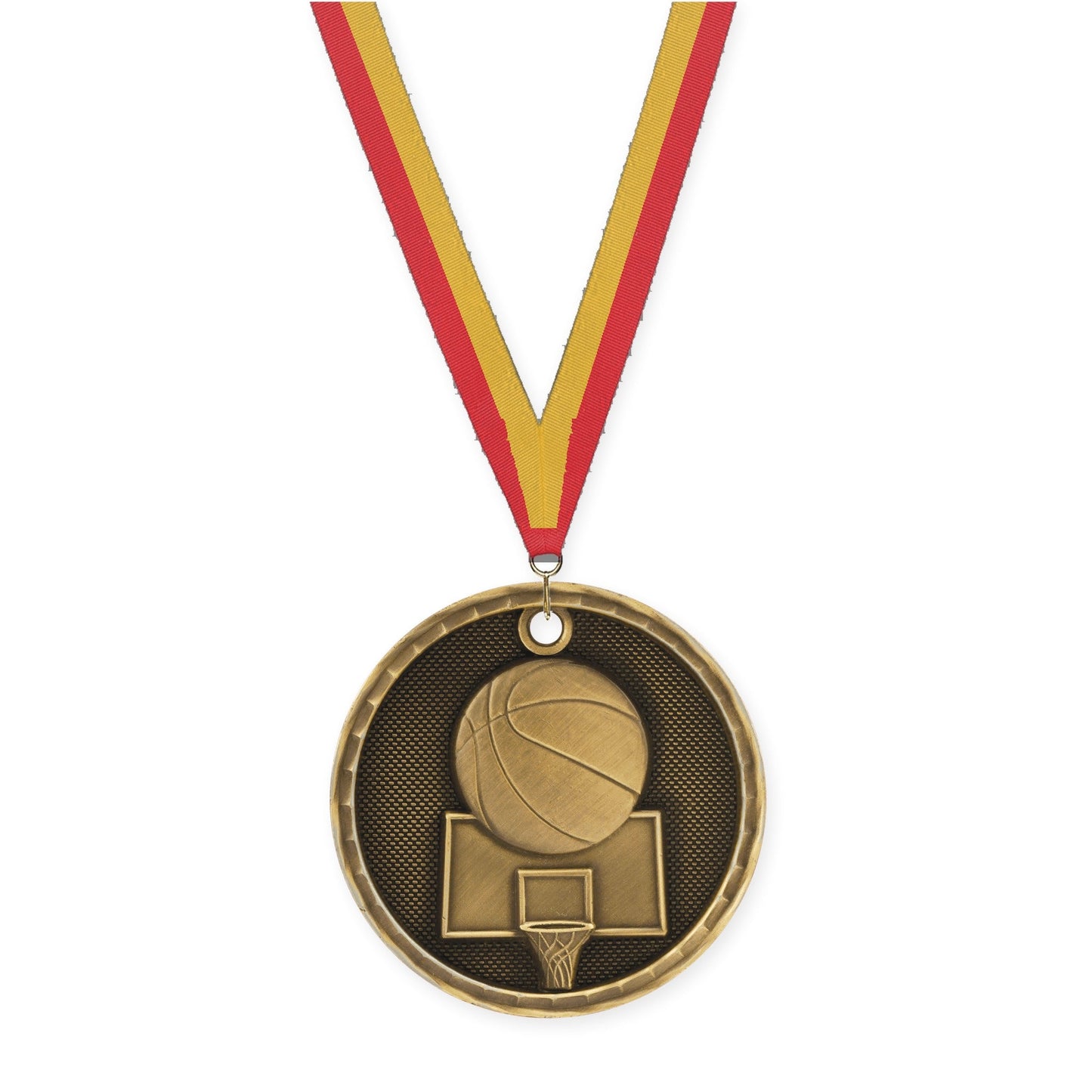2 inch basketball 3-D medal in antique gold with Red Gold neck ribbon