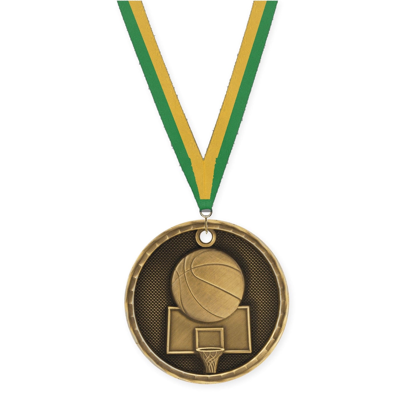 2 inch basketball 3-D medal in antique gold with Green Gold neck ribbon