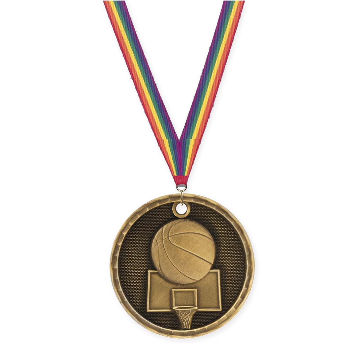 2 inch basketball 3-D medal in antique gold with Rainbow neck ribbon