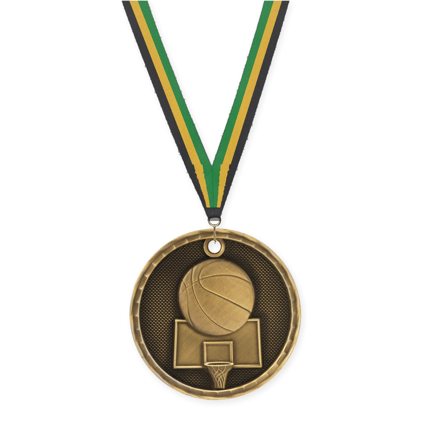 2 inch basketball 3-D medal in antique gold with Black Gold Green neck ribbon
