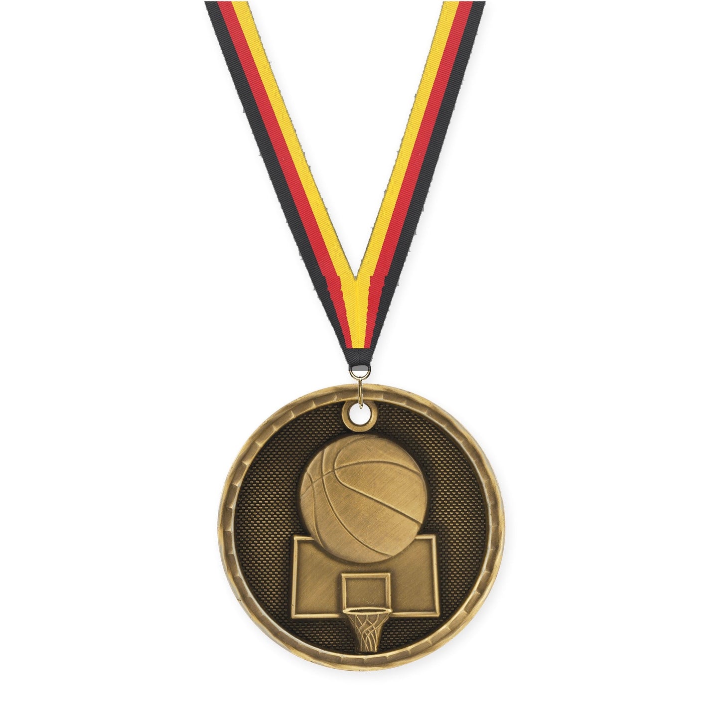 2 inch basketball 3-D medal in antique gold with Black Red Yellow neck ribbon