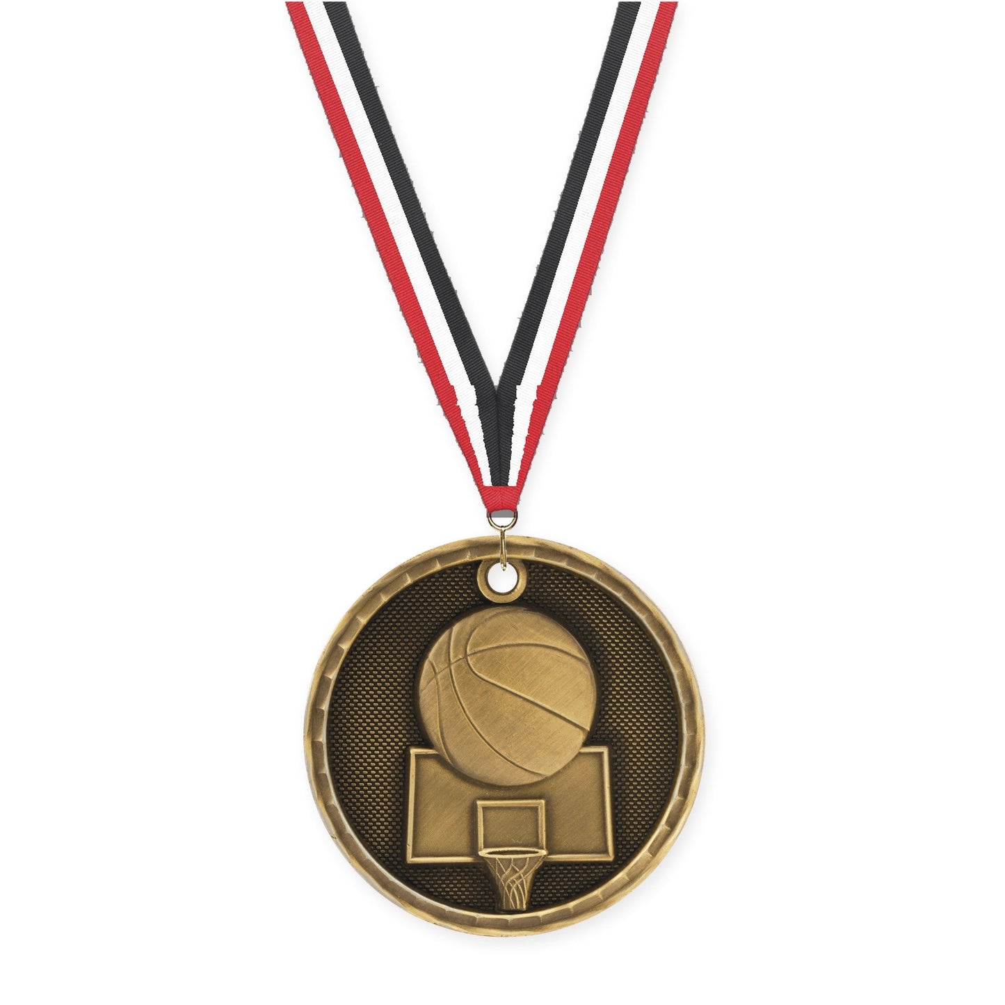 2 inch basketball 3-D medal in antique gold with Red White Black neck ribbon