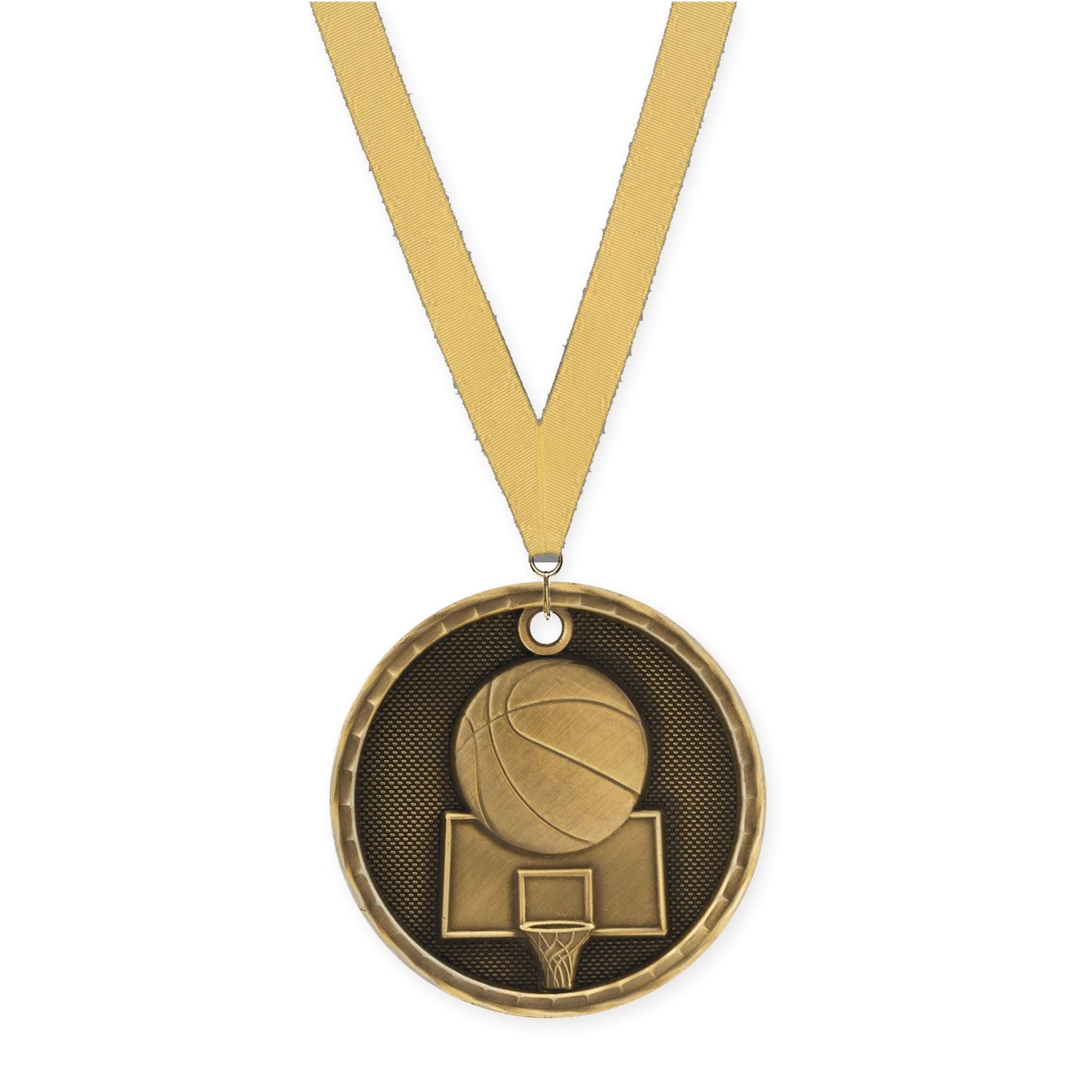 2 inch basketball 3-D medal in antique gold with Gold Metallic neck ribbon