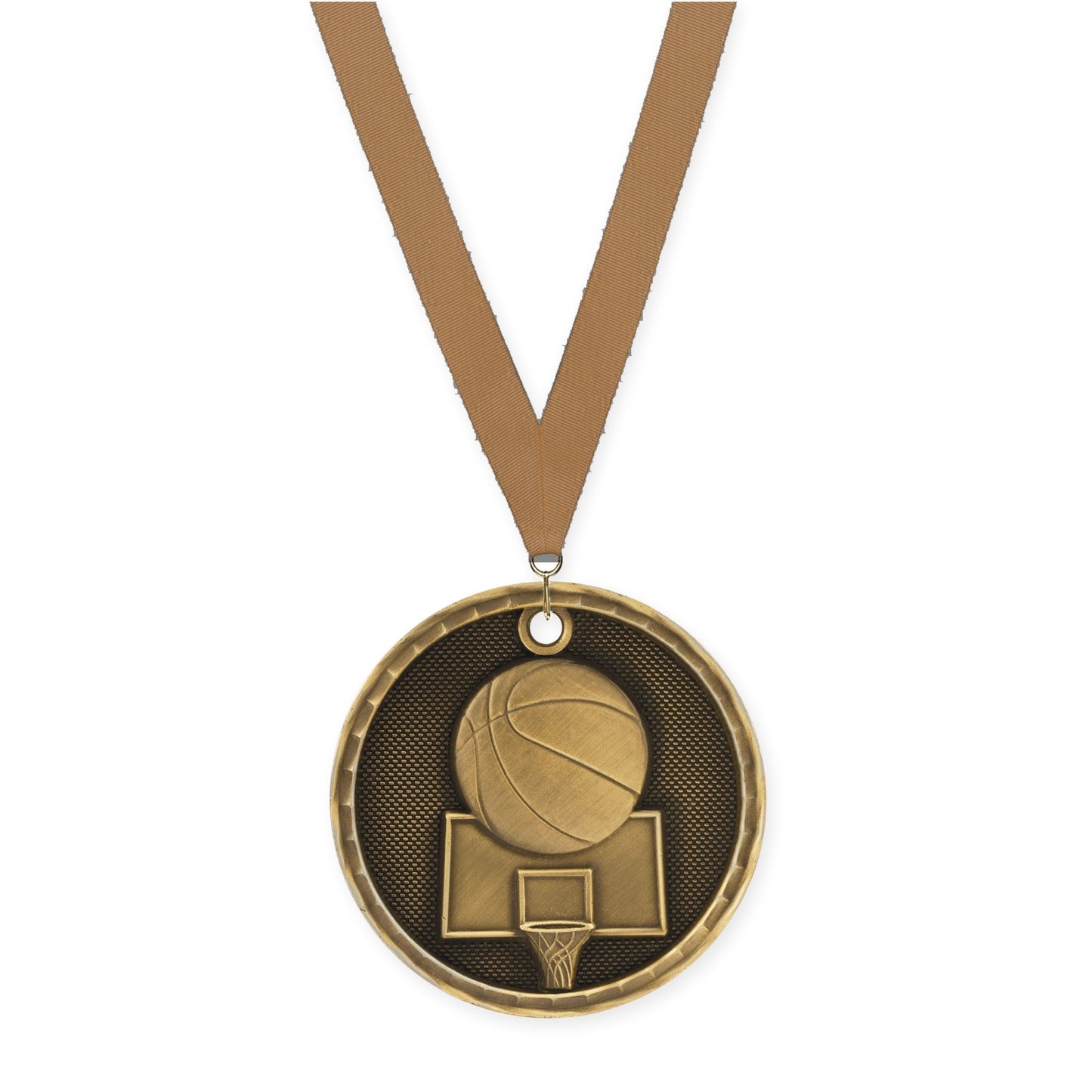 2 inch basketball 3-D medal in antique gold with Bronze Metallic neck ribbon