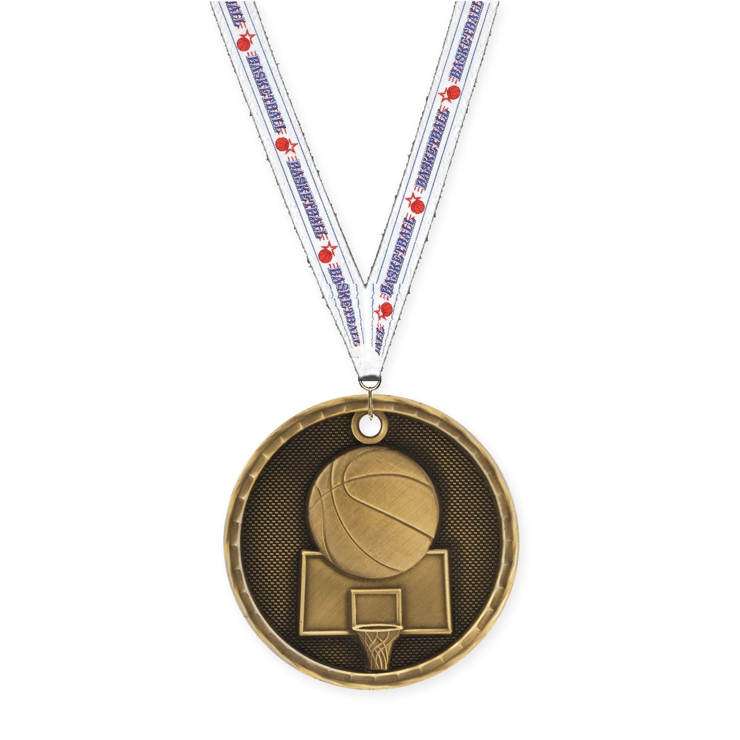 2 inch basketball 3-D medal in antique gold with Basketball neck ribbon