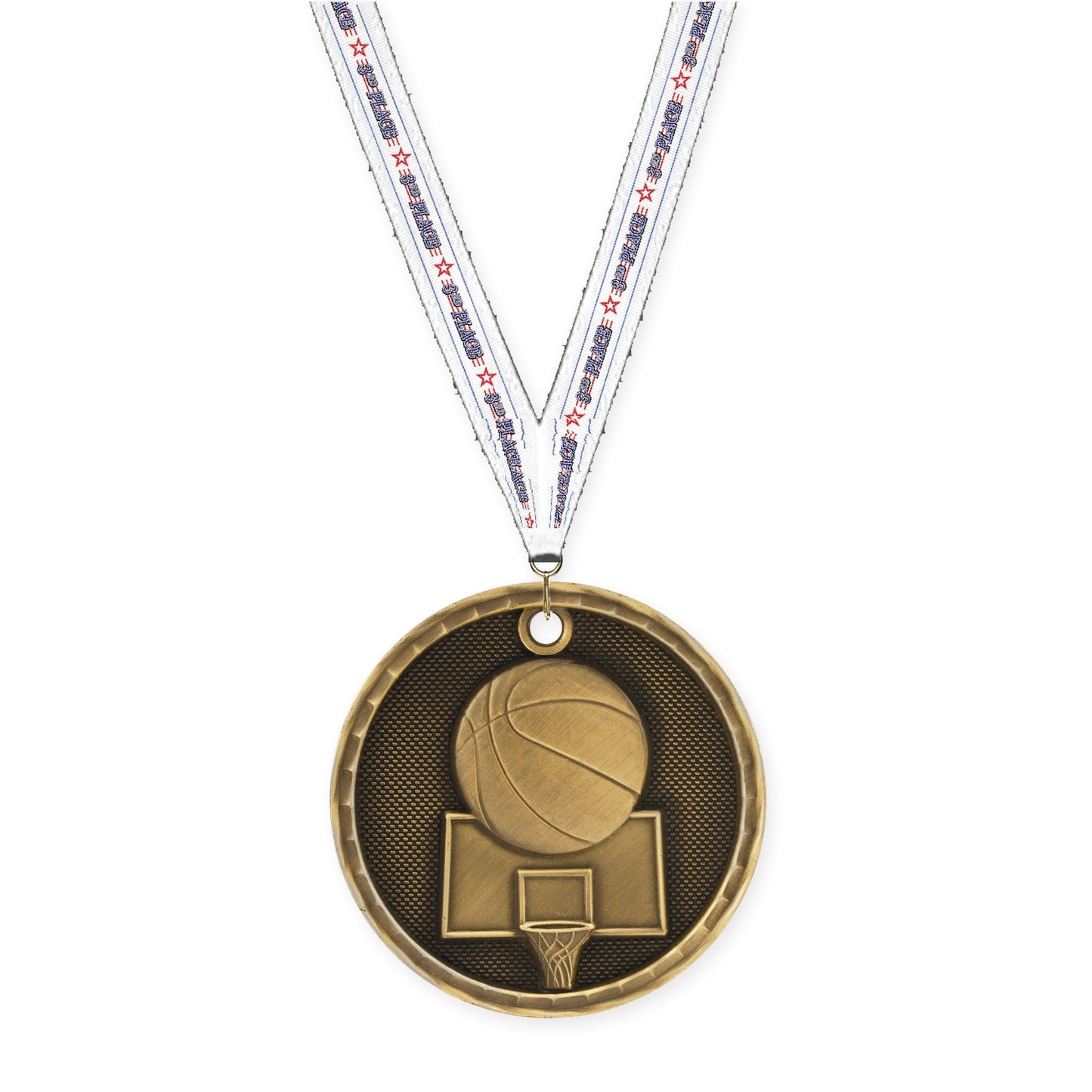 2 inch basketball 3-D medal in antique gold with 3rd Place neck ribbon