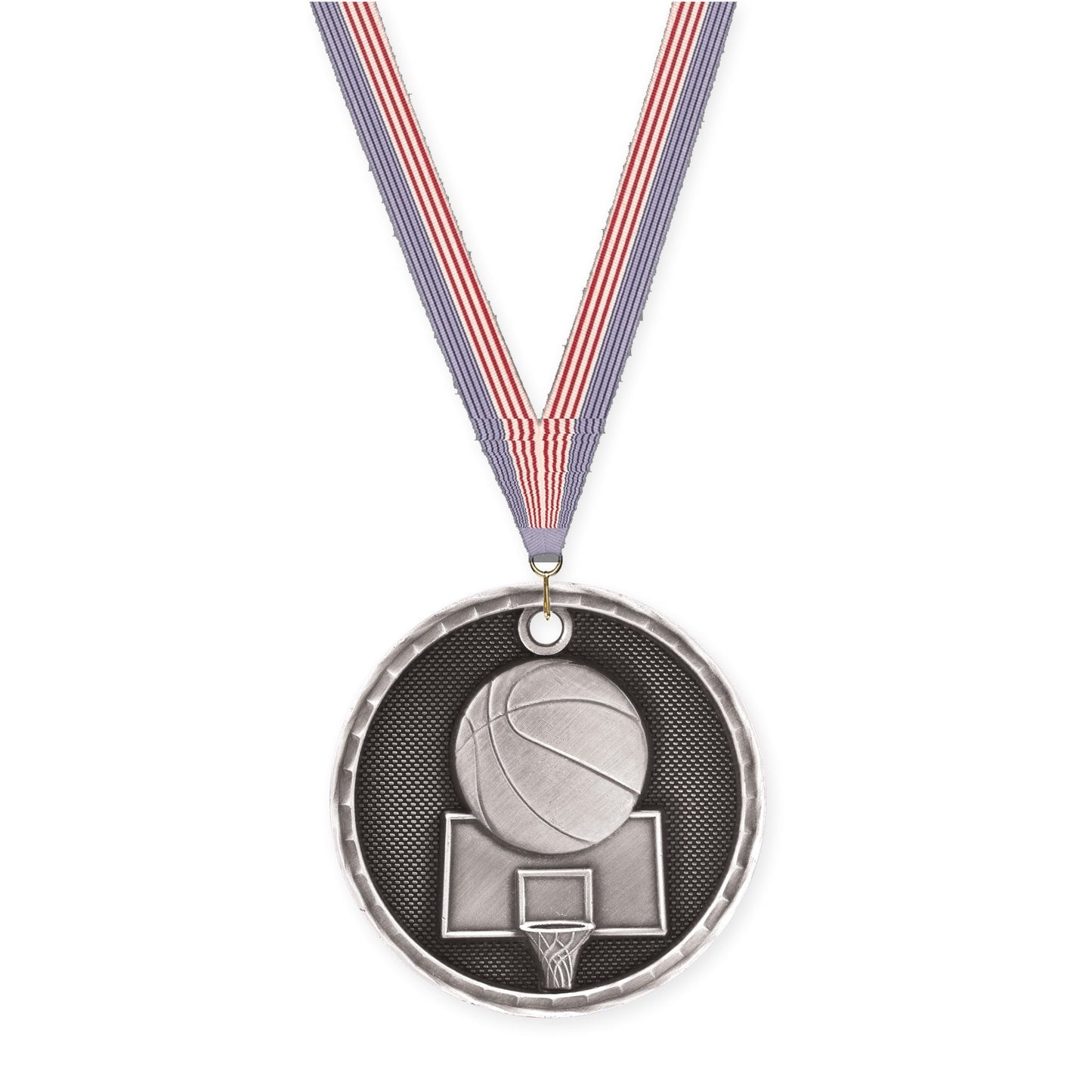 2 inch basketball 3-D medal in antique silver with USA Flag neck ribbon