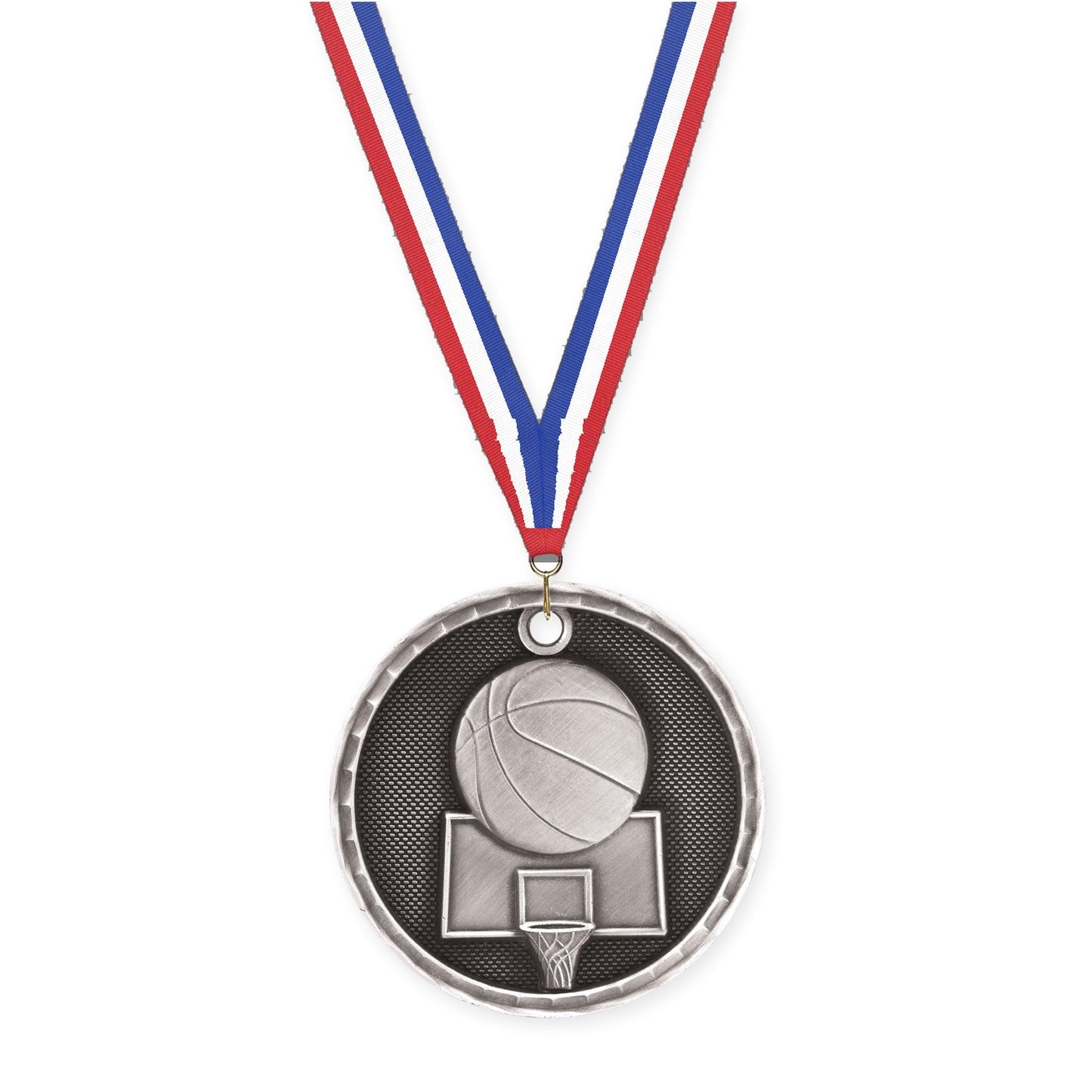 2 inch basketball 3-D medal in antique silver with Red White Blue neck ribbon