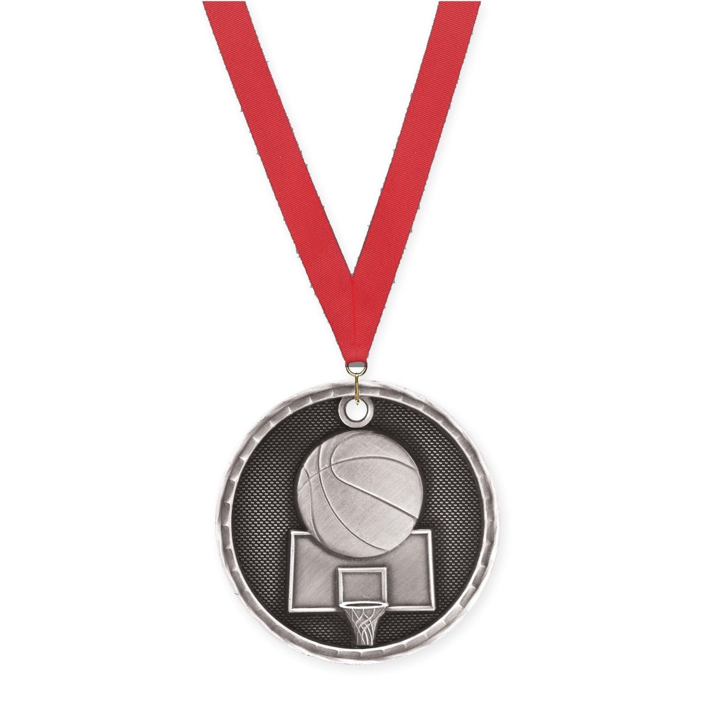 2 inch basketball 3-D medal in antique silver with Red neck ribbon