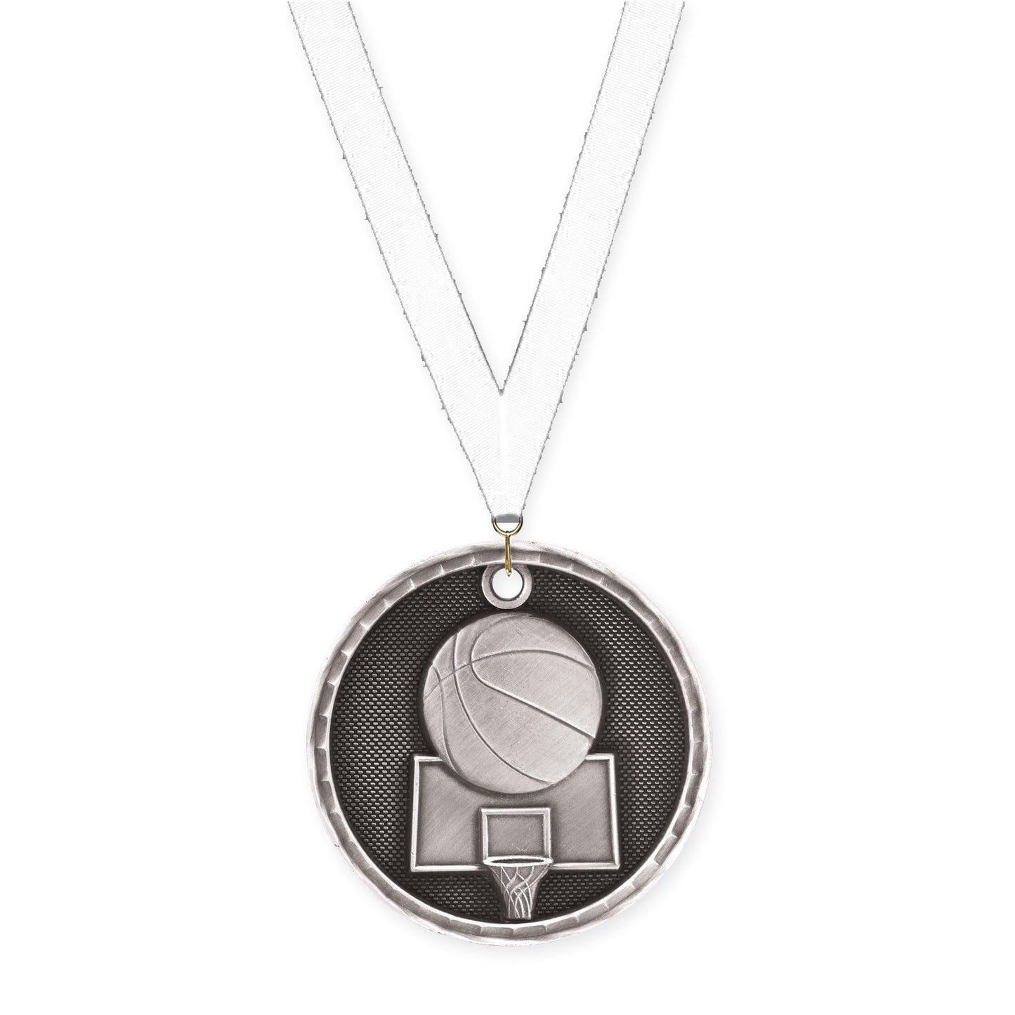 2 inch basketball 3-D medal in antique silver with White neck ribbon
