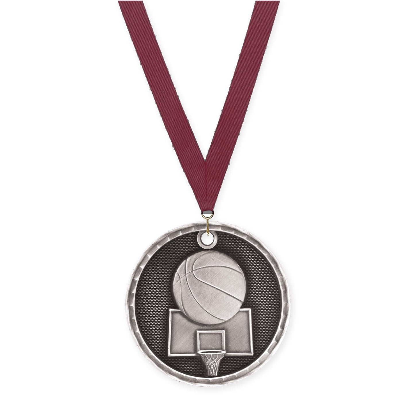 2 inch basketball 3-D medal in antique silver with Maroon neck ribbon