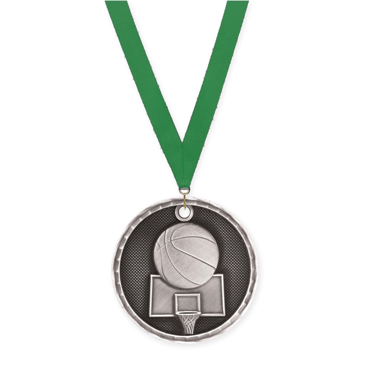 2 inch basketball 3-D medal in antique silver with Green neck ribbon