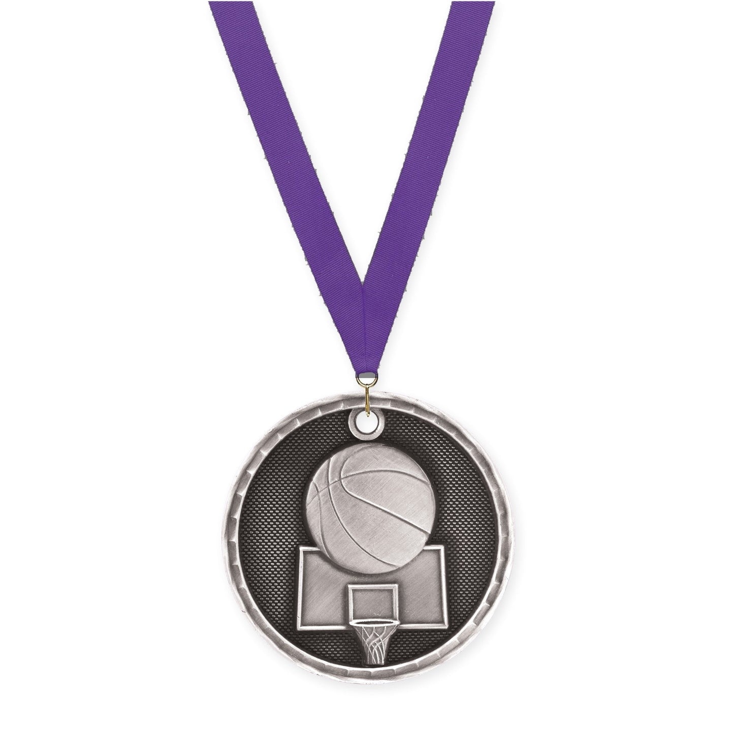 2 inch basketball 3-D medal in antique silver with Purple neck ribbon