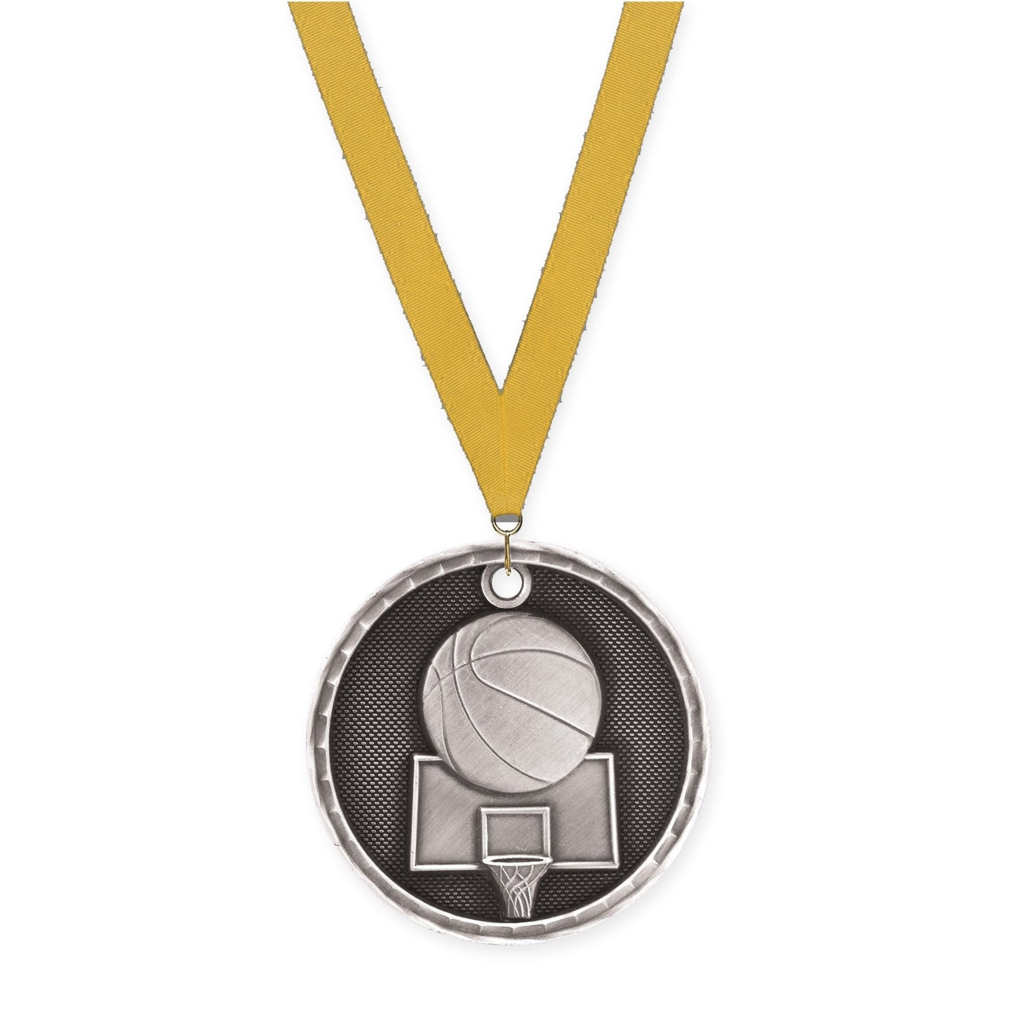 2 inch basketball 3-D medal in antique silver with Gold neck ribbon