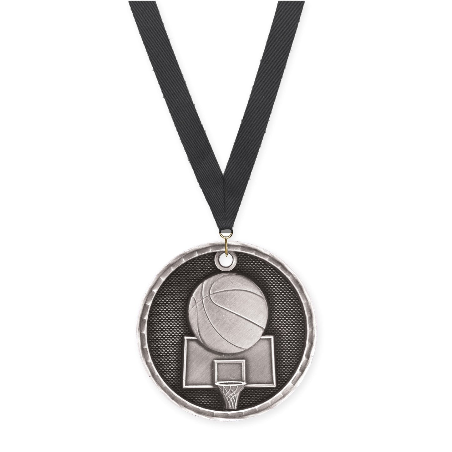 2 inch basketball 3-D medal in antique silver with Black neck ribbon
