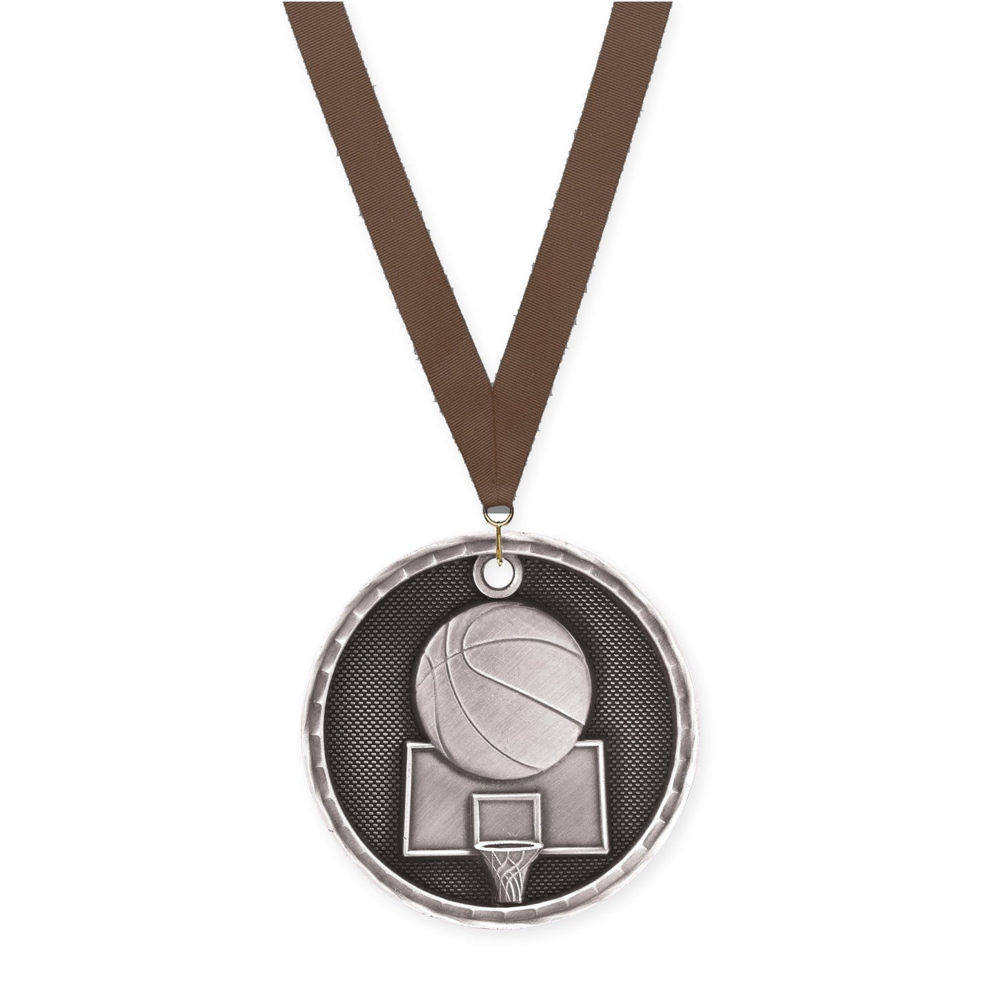 2 inch basketball 3-D medal in antique silver with Brown neck ribbon