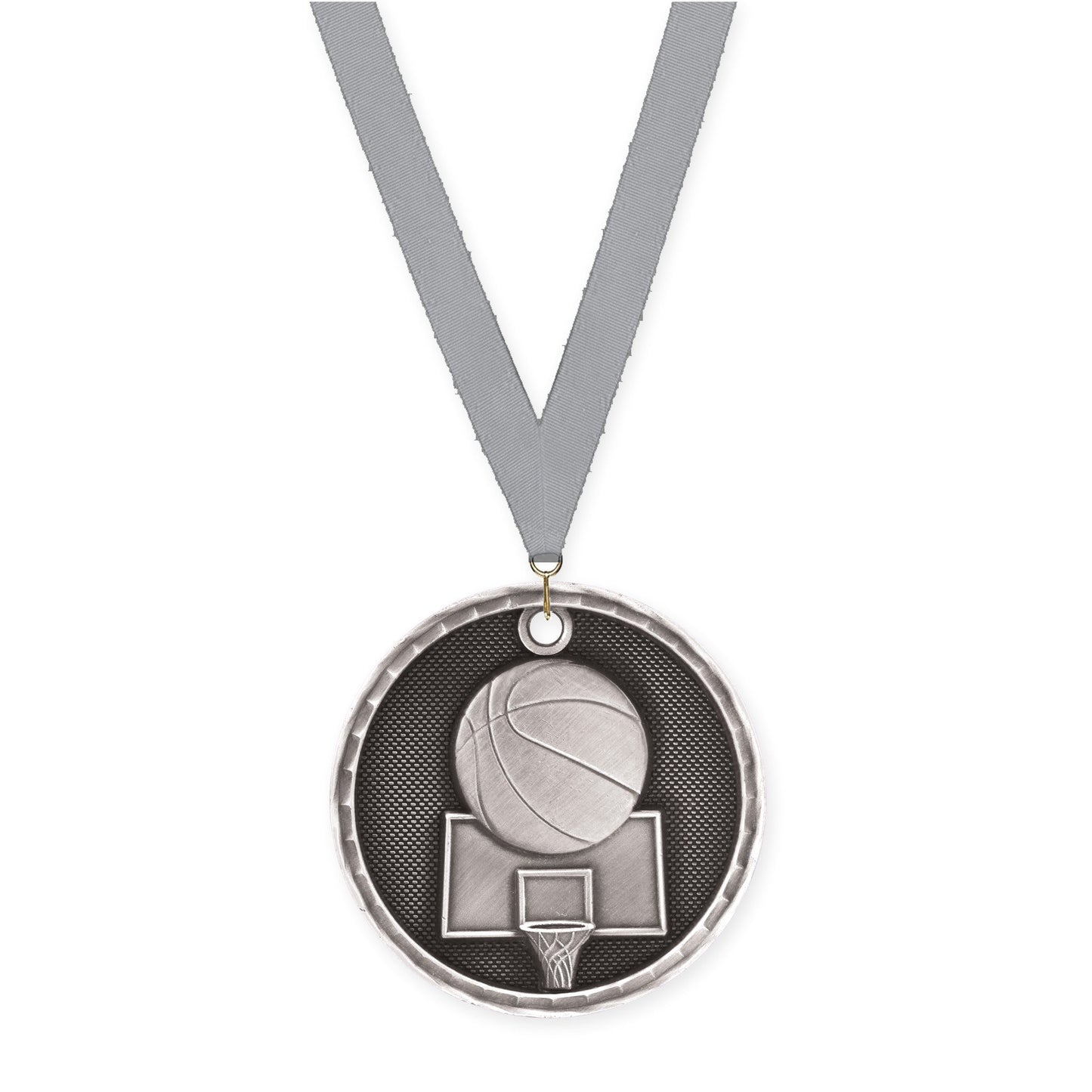 2 inch basketball 3-D medal in antique silver with Gray neck ribbon