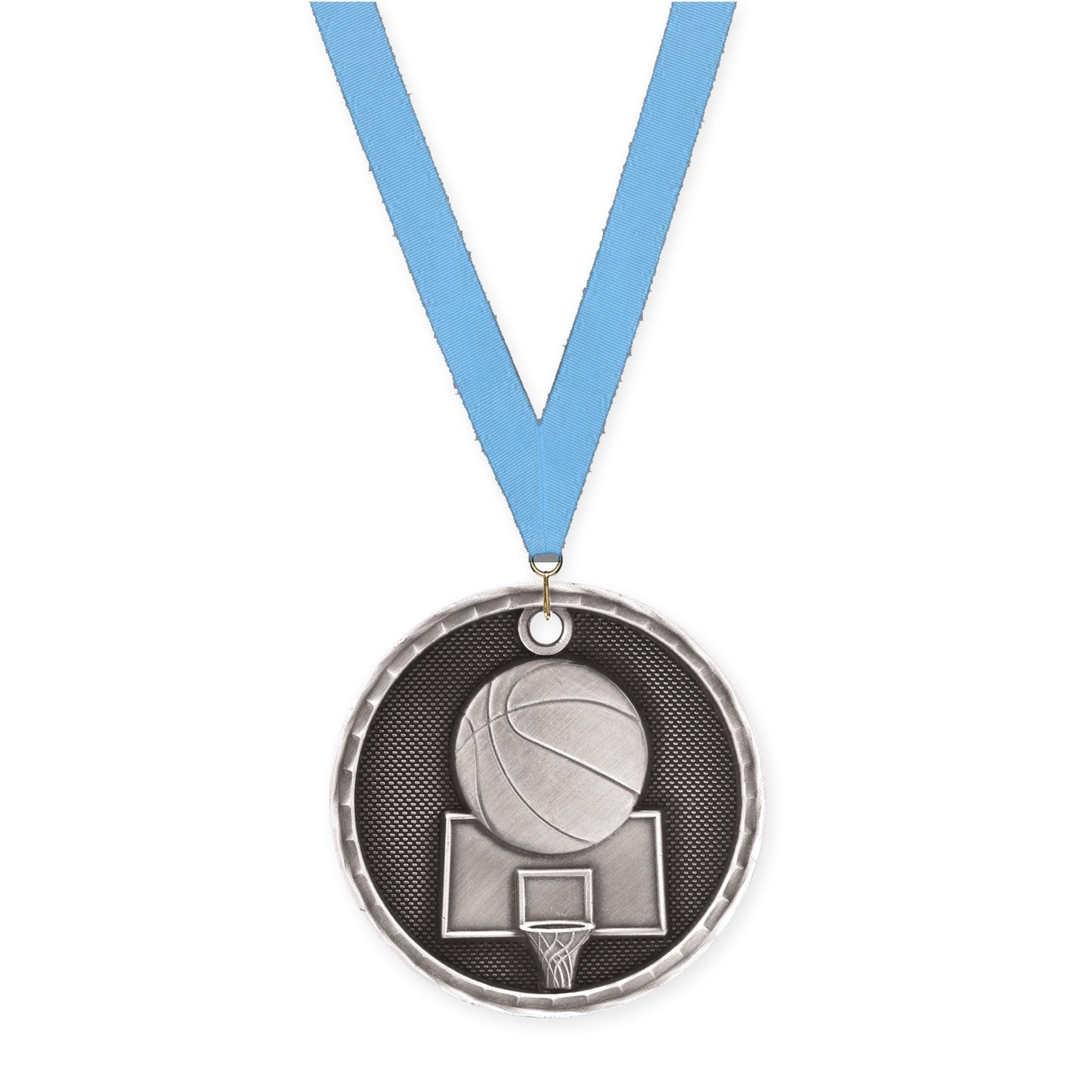 2 inch basketball 3-D medal in antique silver with Light Blue neck ribbon
