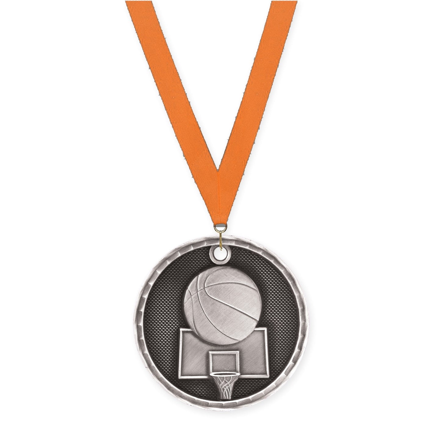 2 inch basketball 3-D medal in antique silver with Orange neck ribbon