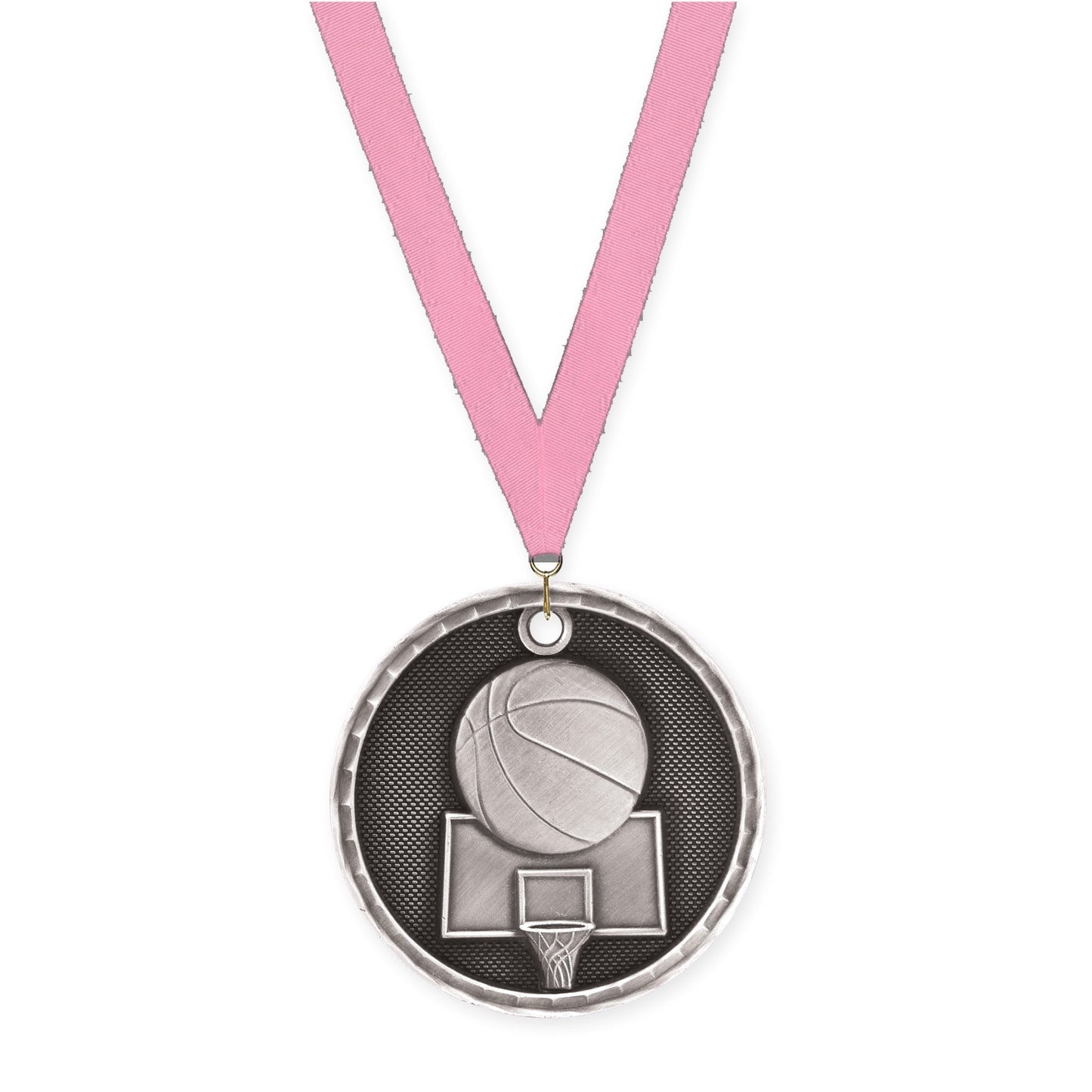 2 inch basketball 3-D medal in antique silver with Pink neck ribbon