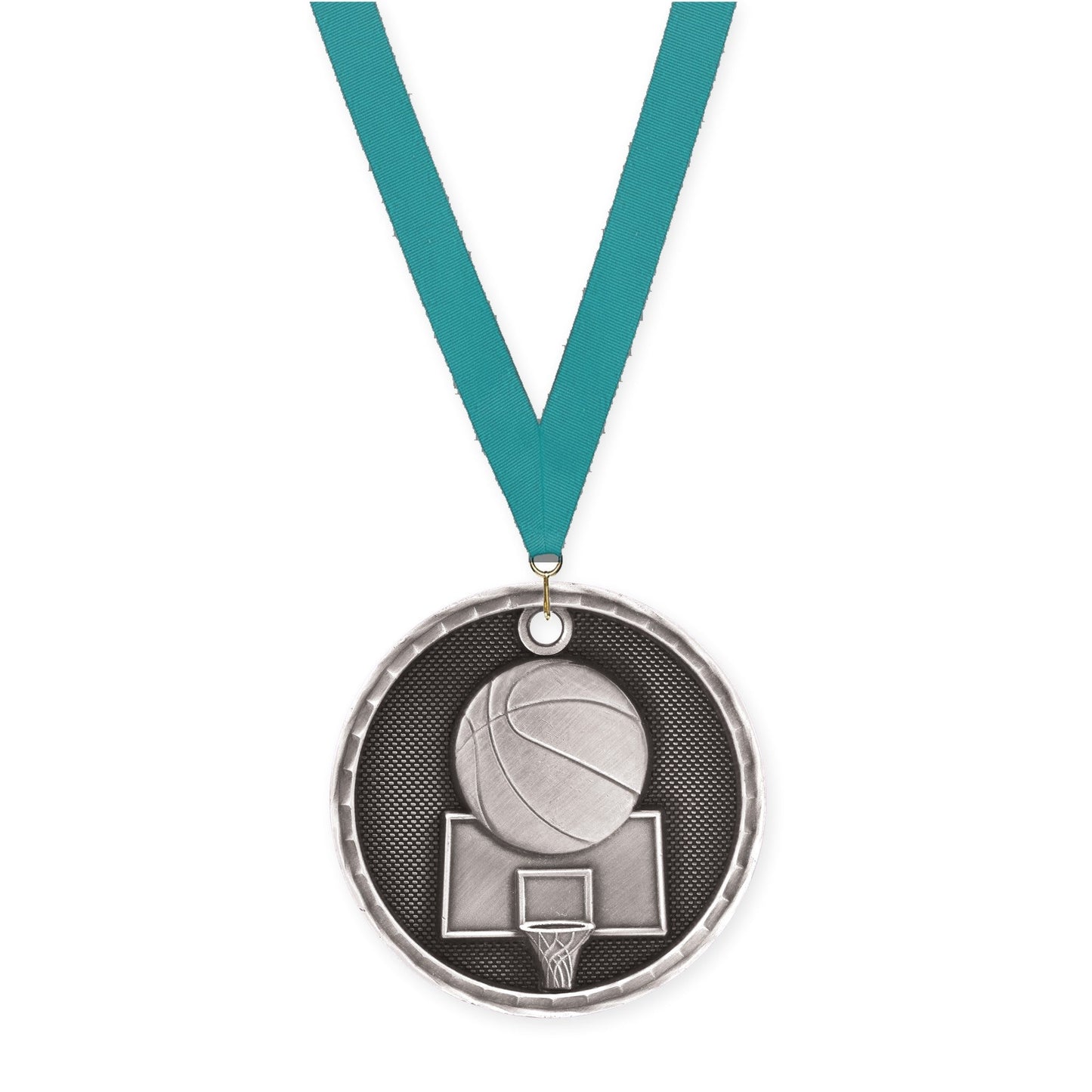 2 inch basketball 3-D medal in antique silver with Teal neck ribbon