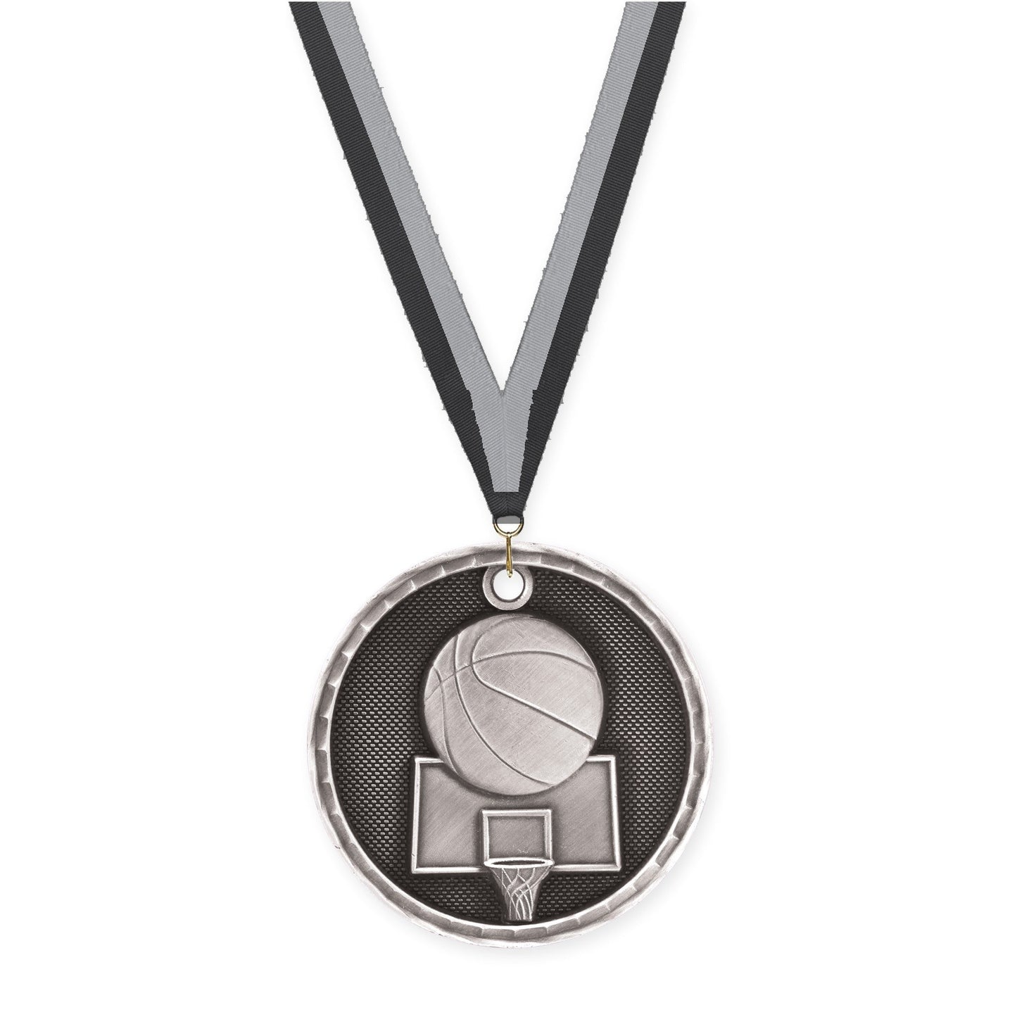 2 inch basketball 3-D medal in antique silver with Black Gray neck ribbon