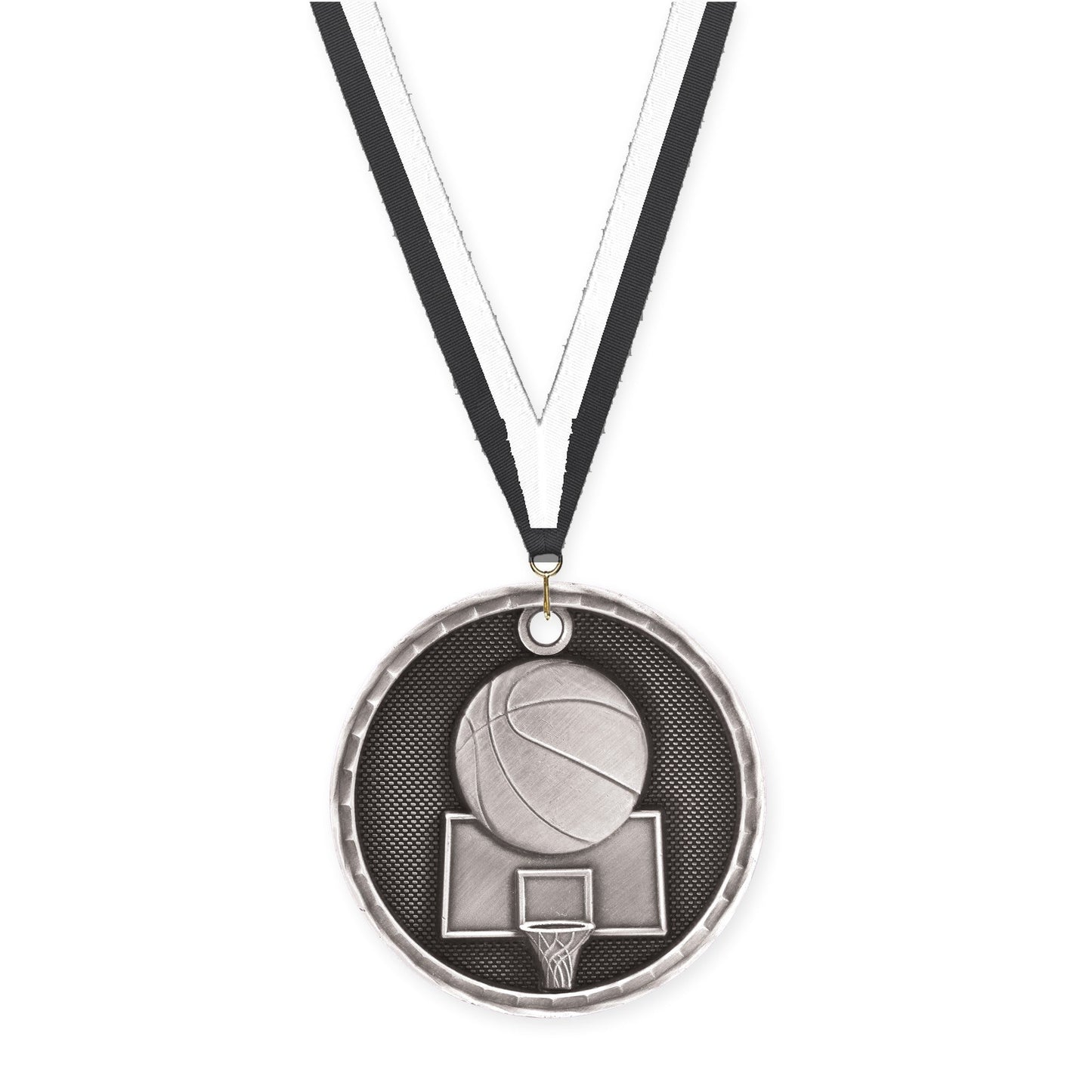 2 inch basketball 3-D medal in antique silver with Black White neck ribbon