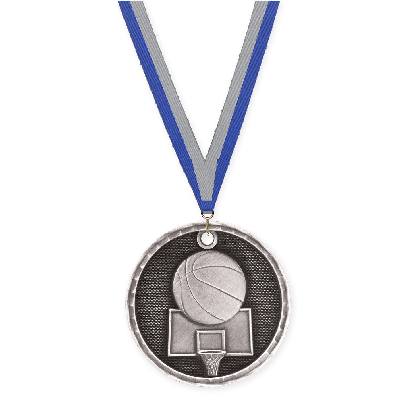 2 inch basketball 3-D medal in antique silver with Blue Gray neck ribbon