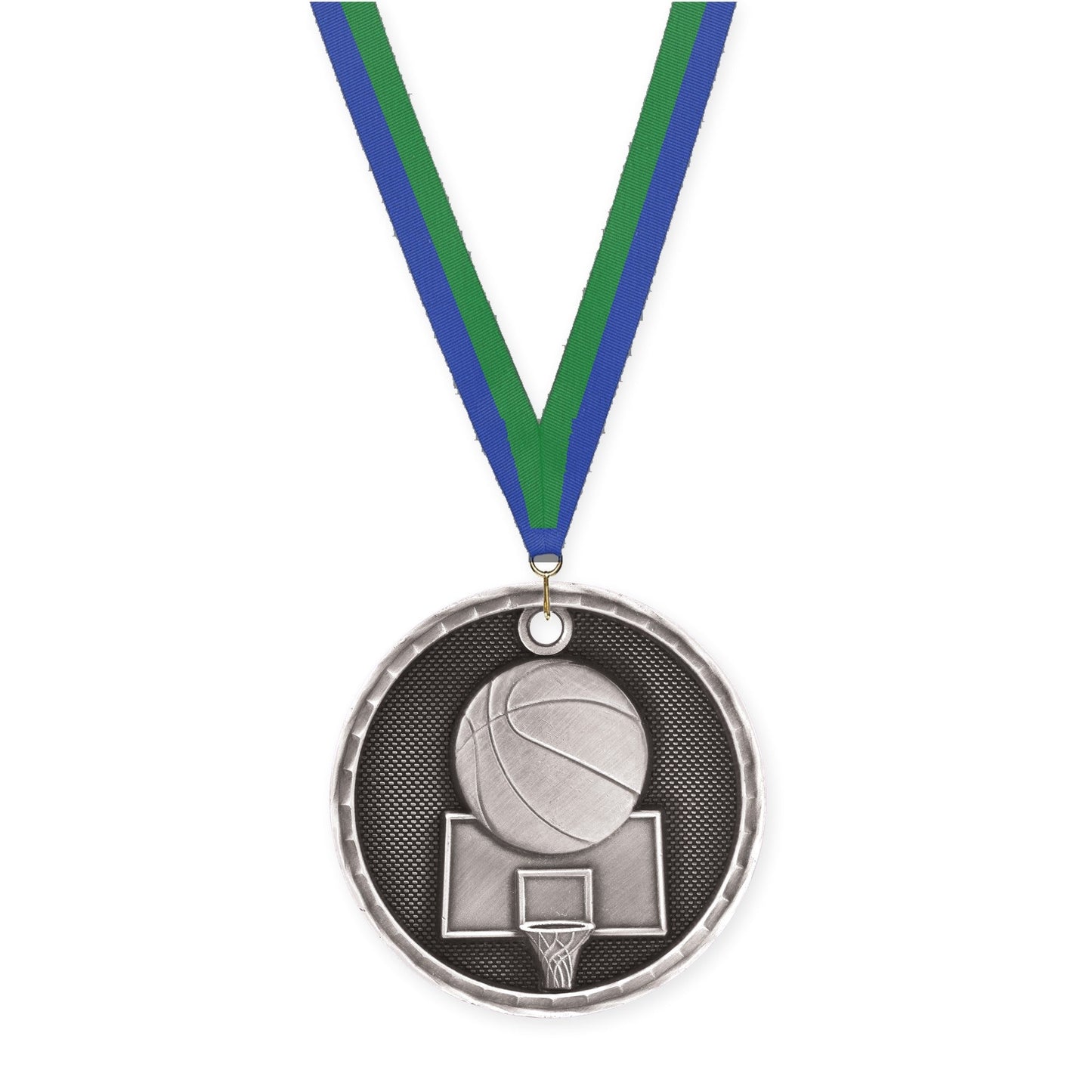 2 inch basketball 3-D medal in antique silver with Blue Green neck ribbon