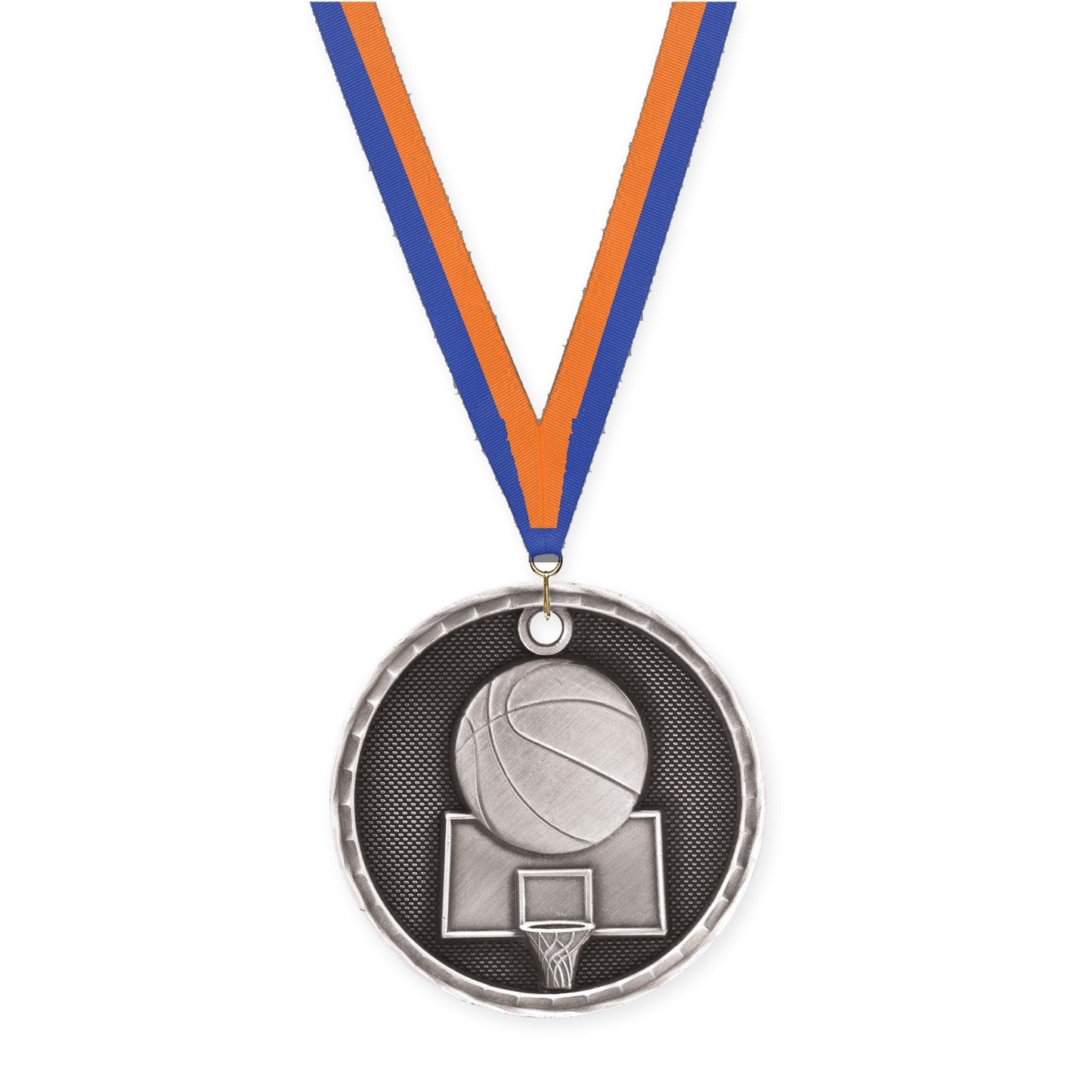 2 inch basketball 3-D medal in antique silver with Blue Orange neck ribbon