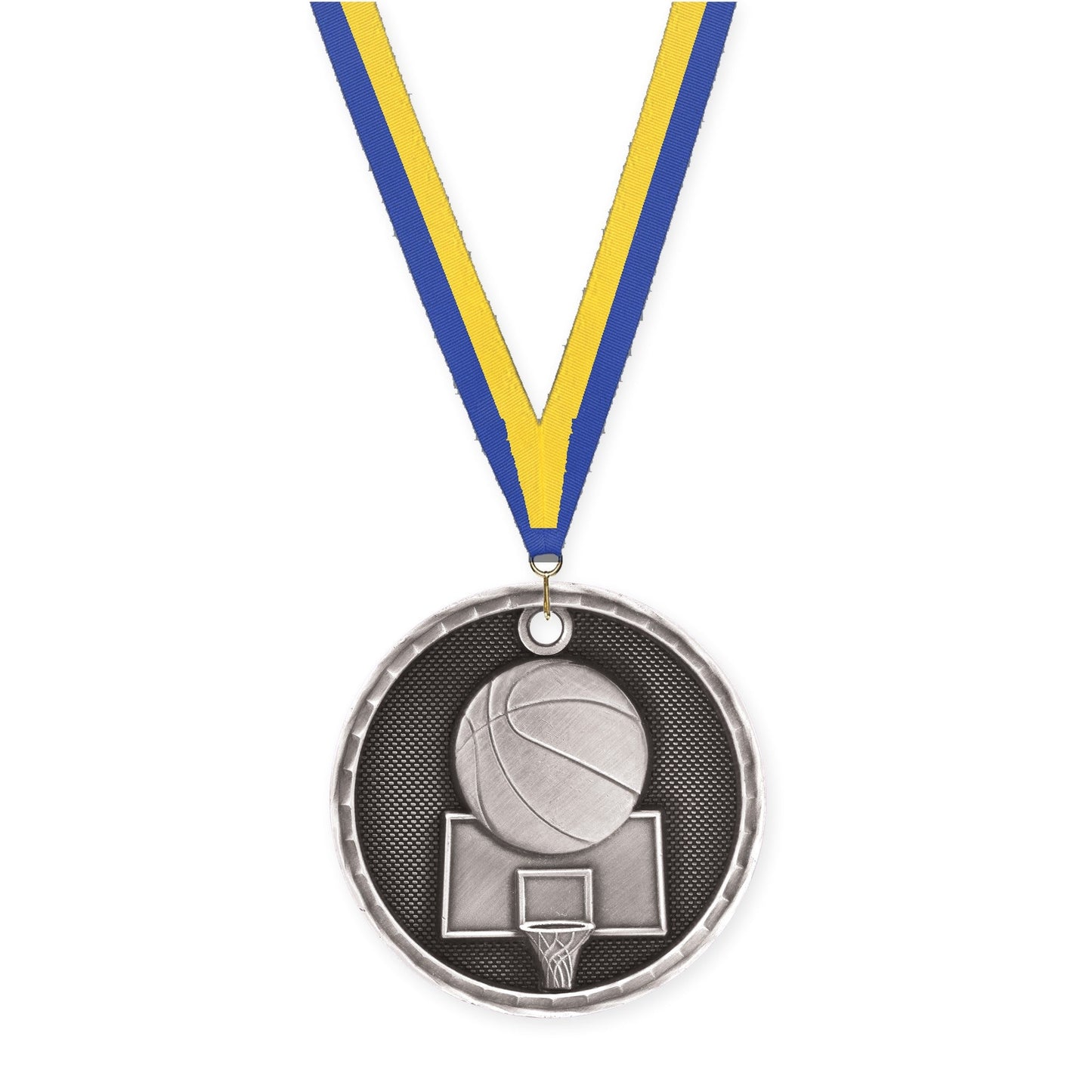 2 inch basketball 3-D medal in antique silver with Blue Yellow neck ribbon