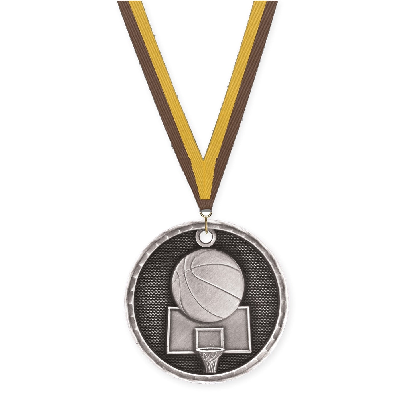 2 inch basketball 3-D medal in antique silver with Brown Gold neck ribbon